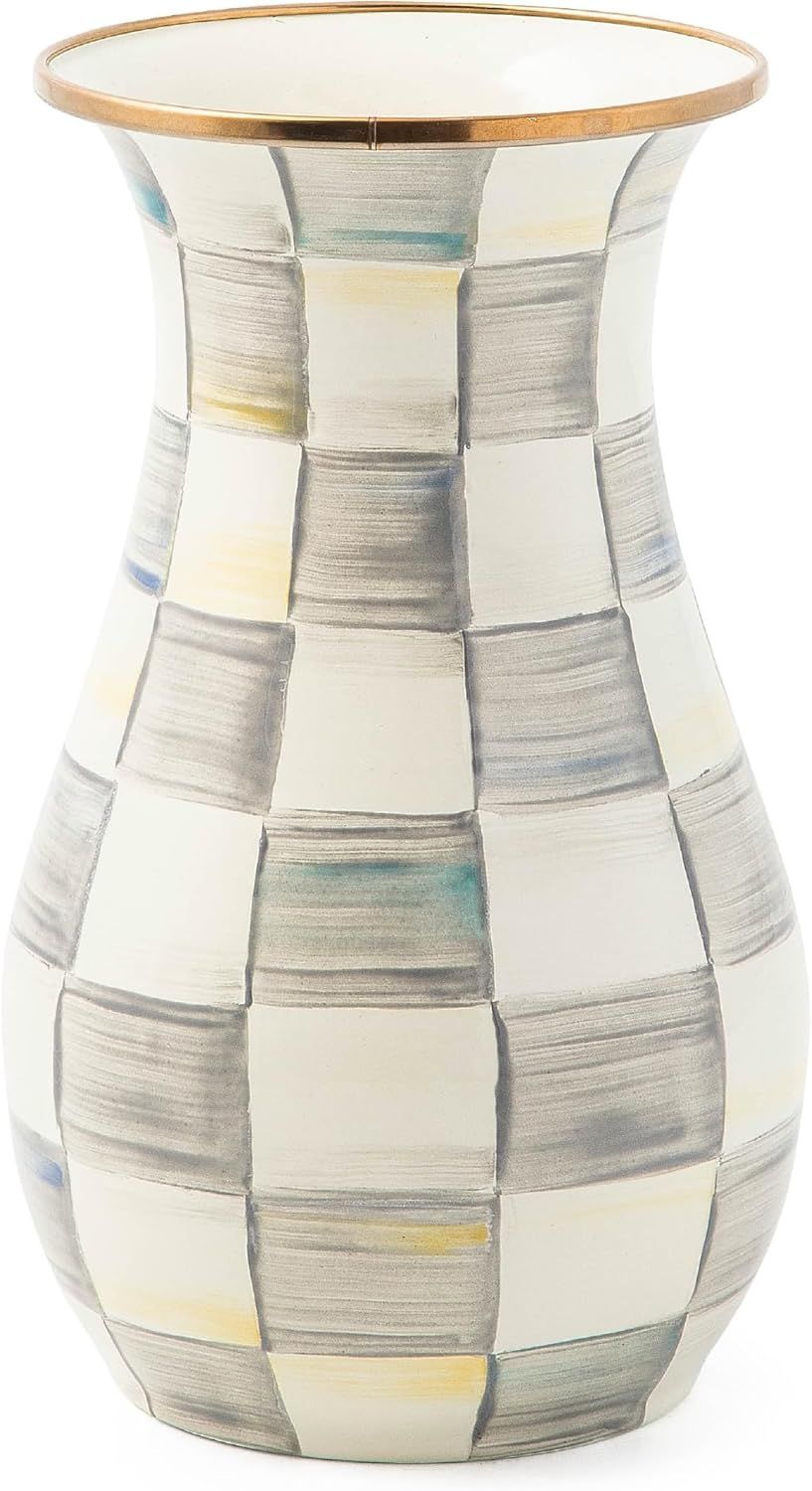 Gray and White Checkered Enamel Table Vase with Bronze Rim