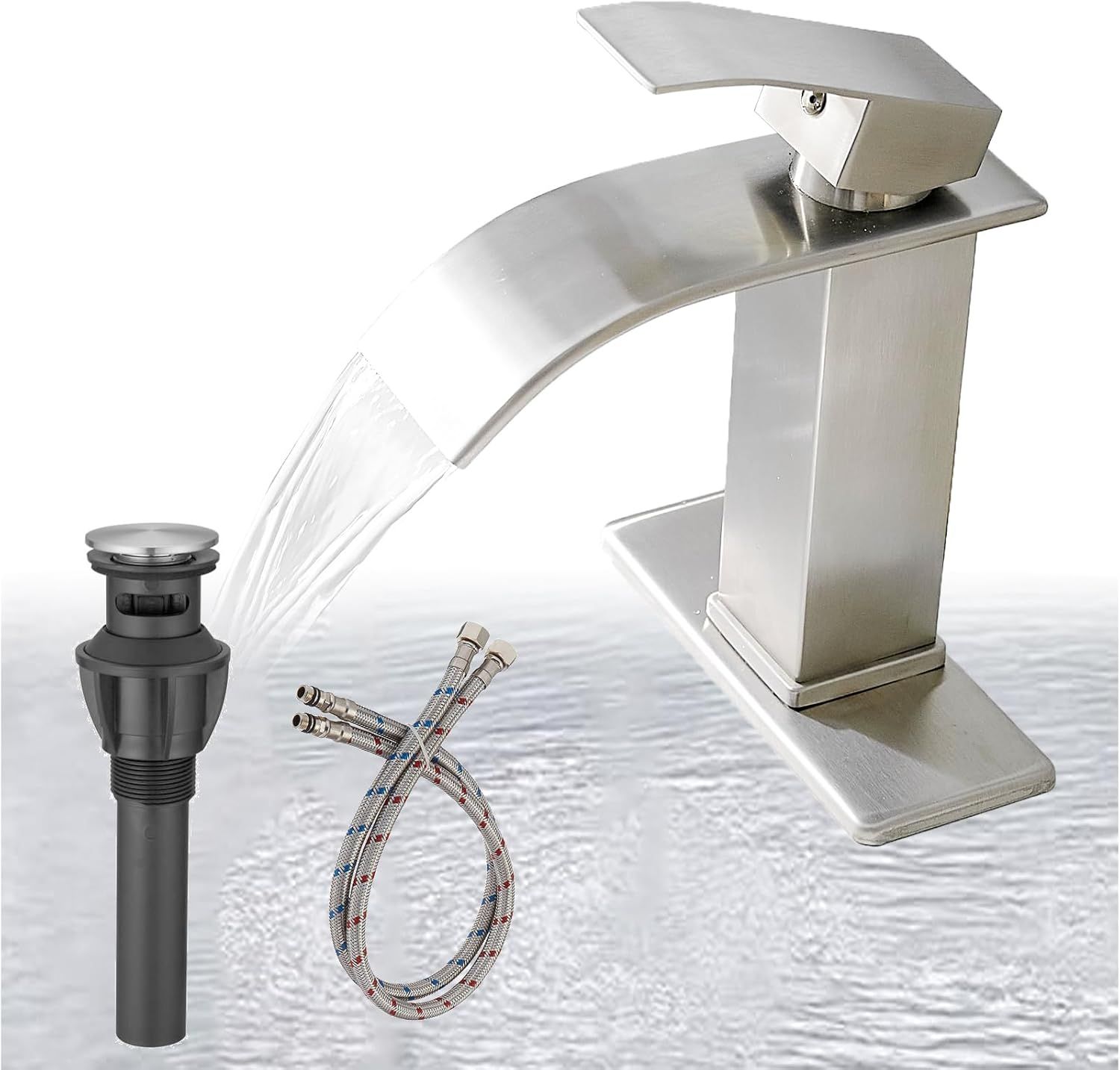 Brushed Nickel Square Waterfall Bathroom Faucet with Deck Plate