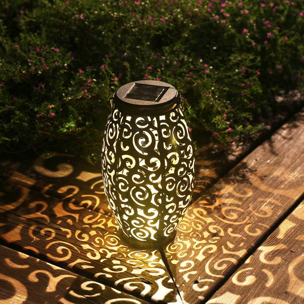 Bronze Solar LED Lantern with Handle and Hollowed Pattern