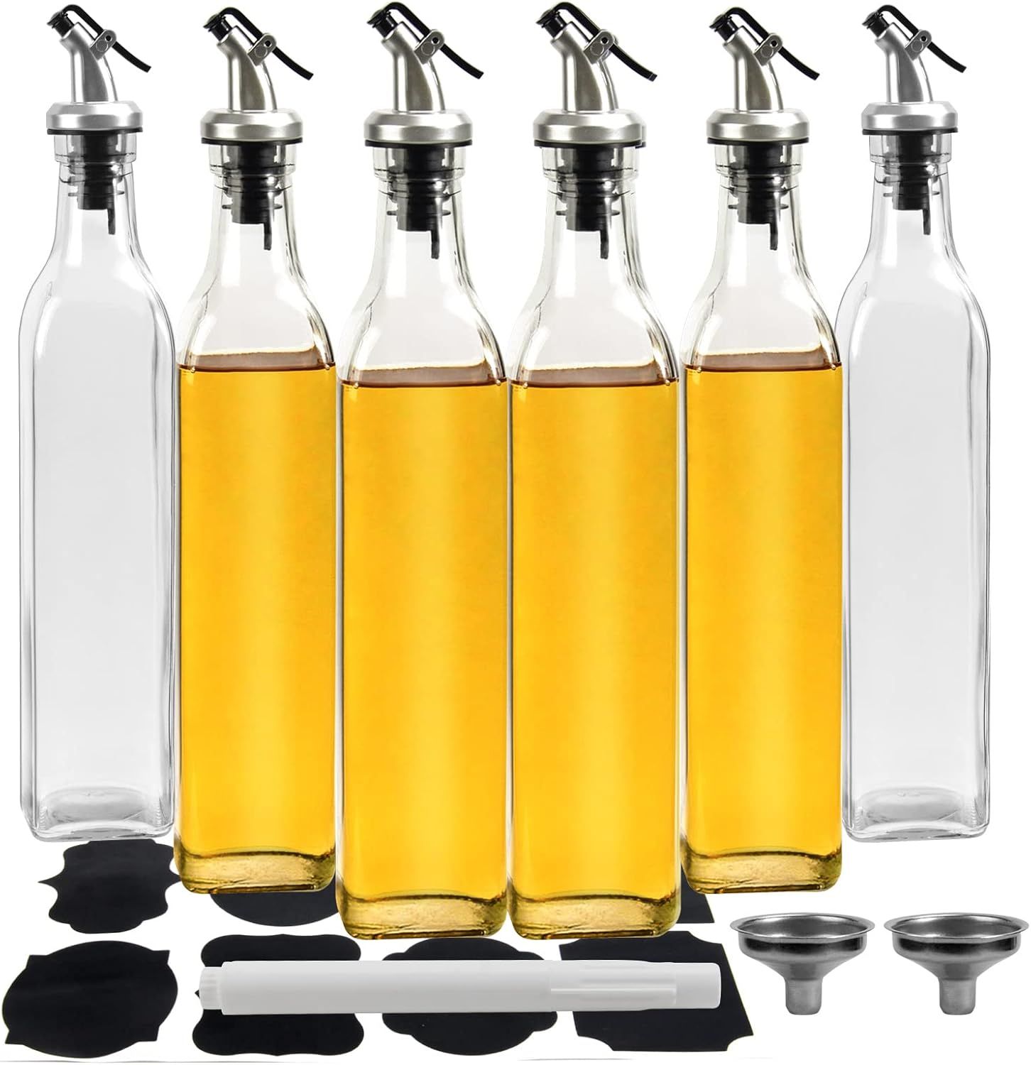 Clear Glass Oil and Vinegar Dispenser Bottles with Airtight Nozzle, 17oz, Set of 6