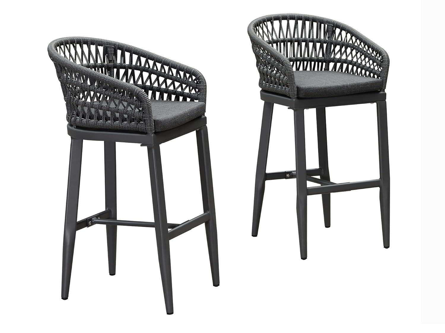 Modern Grey Aluminum Rattan Bar Stools with Cushions, Set of 2