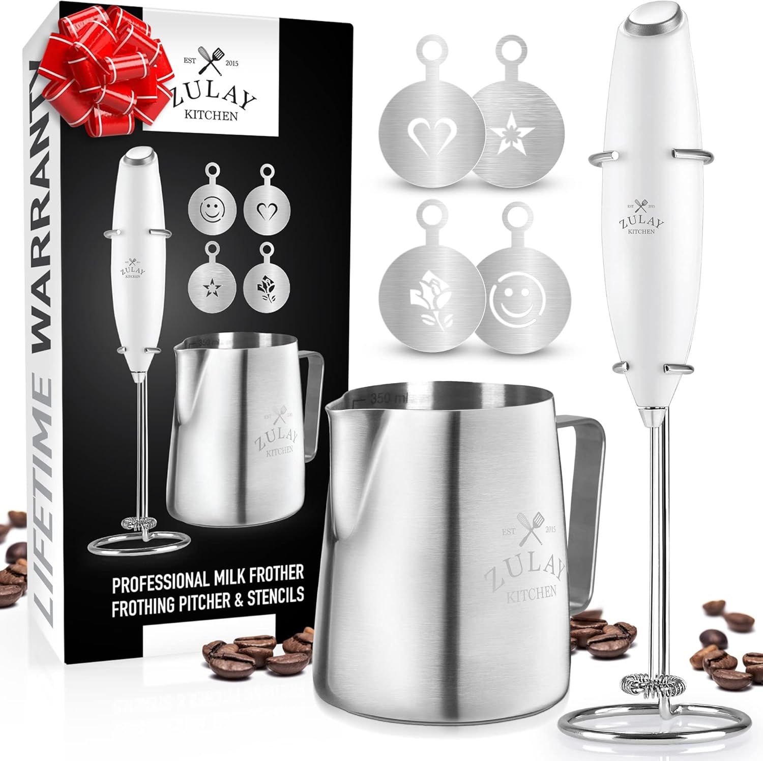 White Stainless Steel Milk Frother Set with Stencils