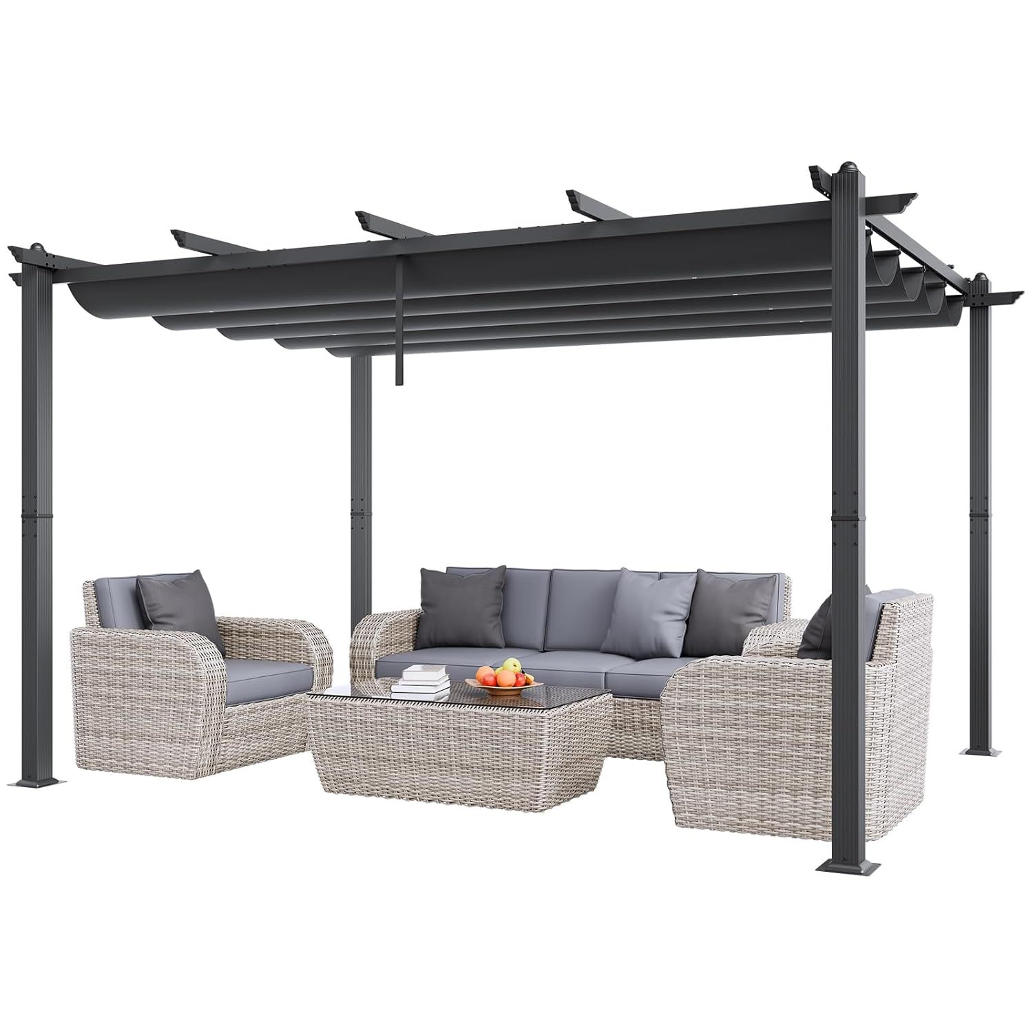 Gray Aluminum Outdoor Pergola with Retractable Canopy