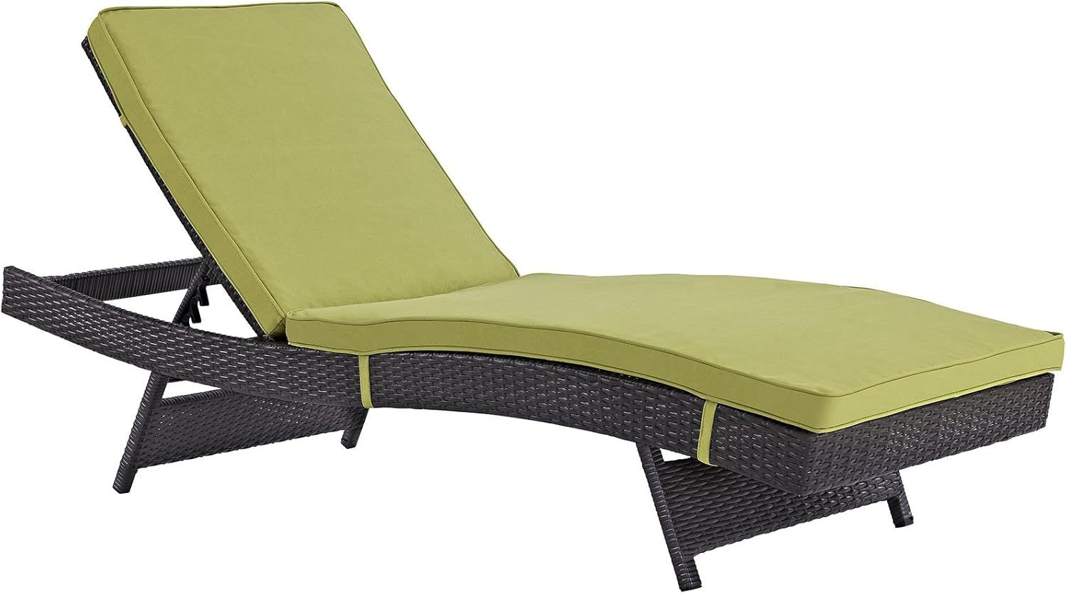 Espresso Wicker Rattan Outdoor Chaise Lounge with Green Cushions