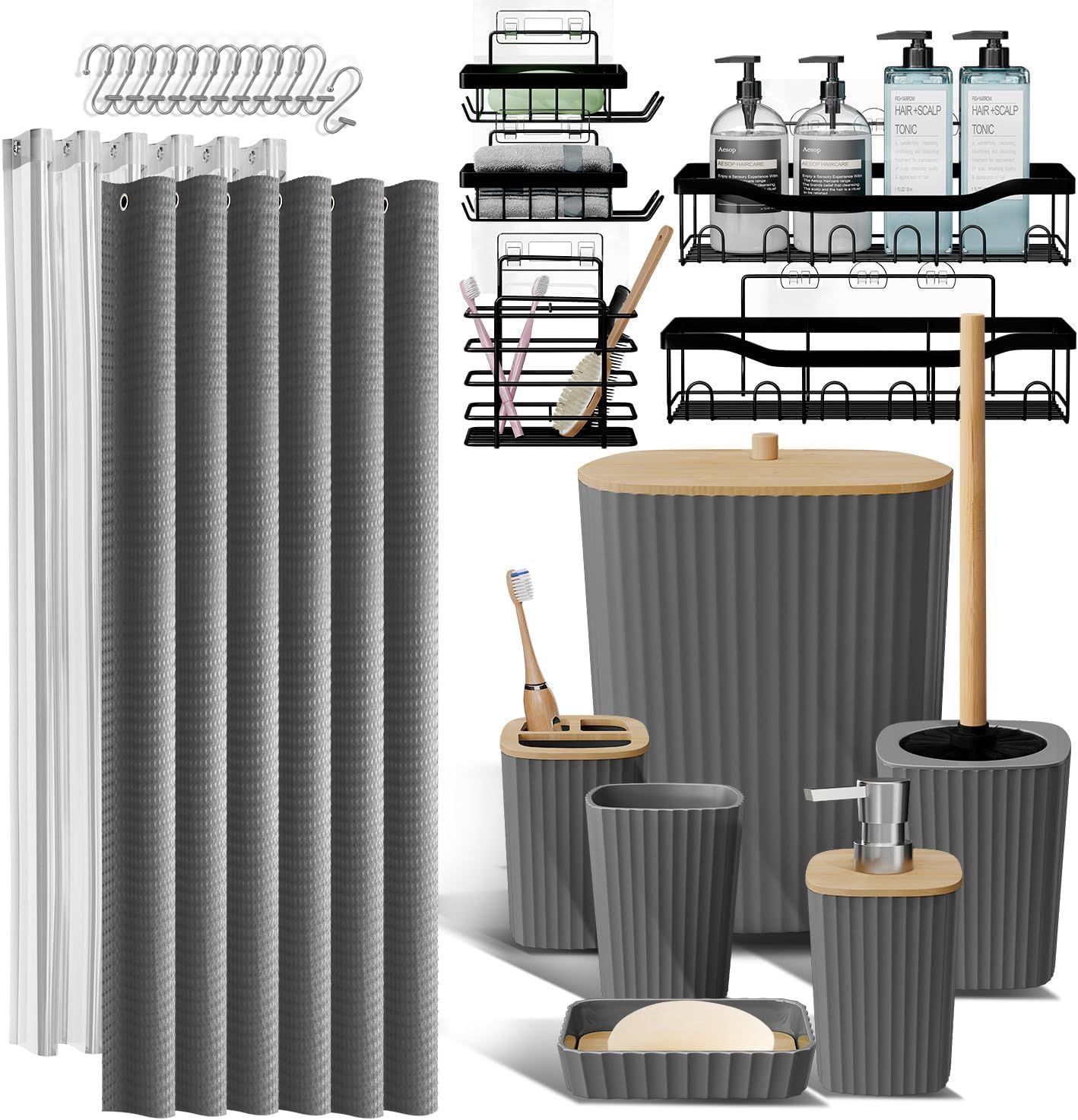 Grey and Bamboo 25-Piece Bathroom Accessory Set with Shower Caddy