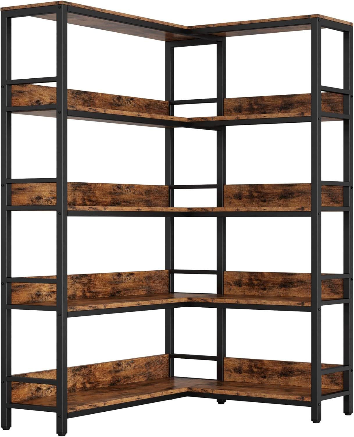 Industrial Brown and Black 5-Tier Corner Bookshelf with Metal Frame