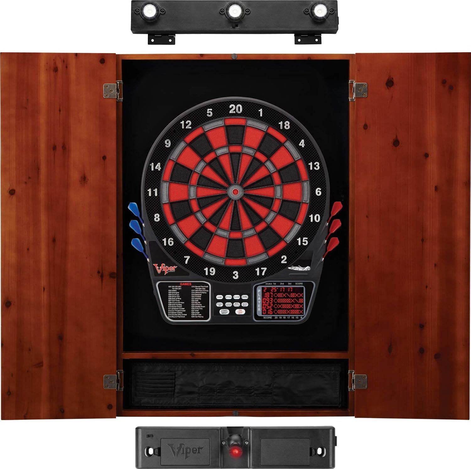 Viper 797 Electronic Dartboard with Cinnamon Pine Cabinet and Light