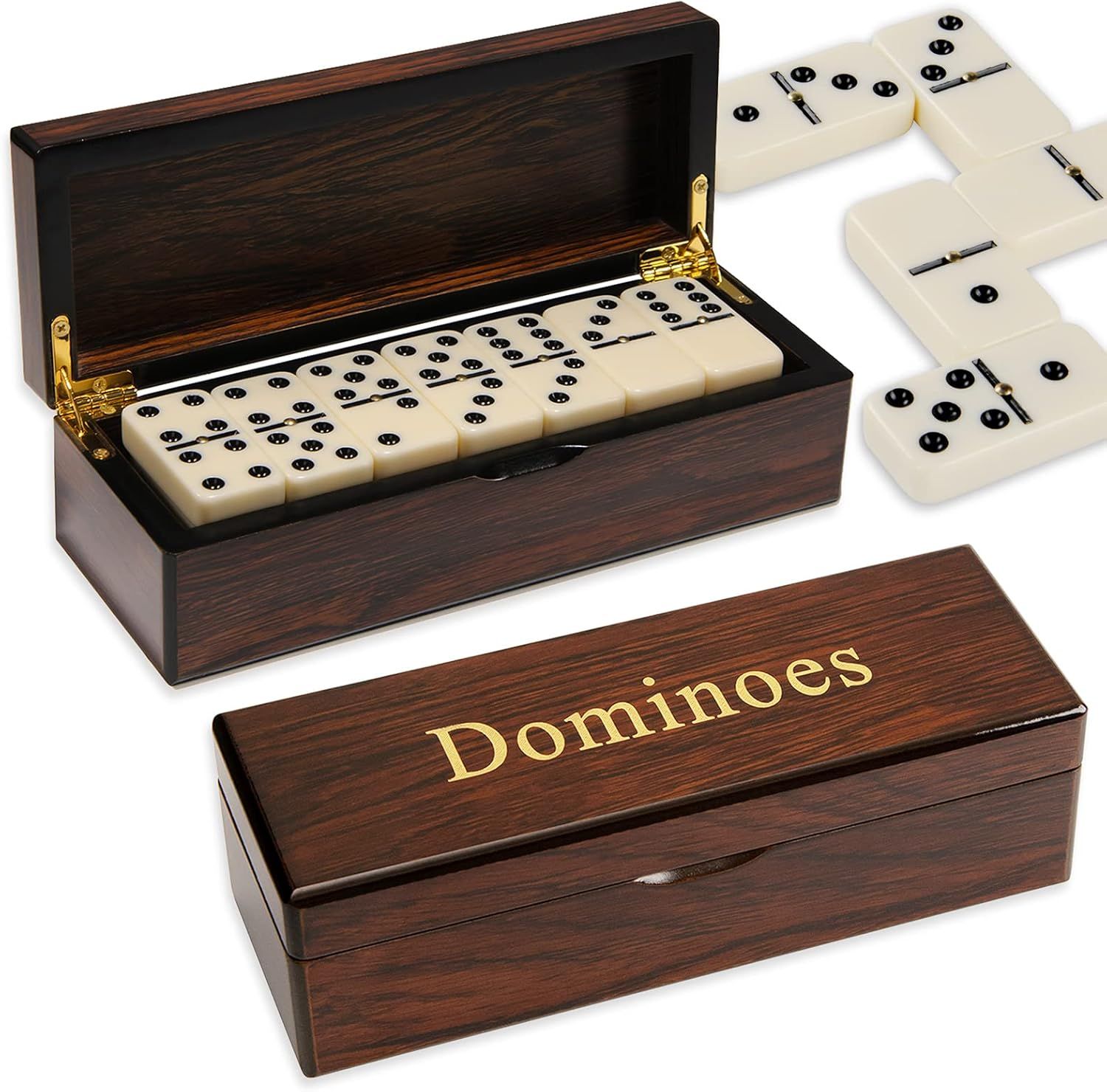 Ivory Double 6 Dominoes Set with Spinner in Wooden Box