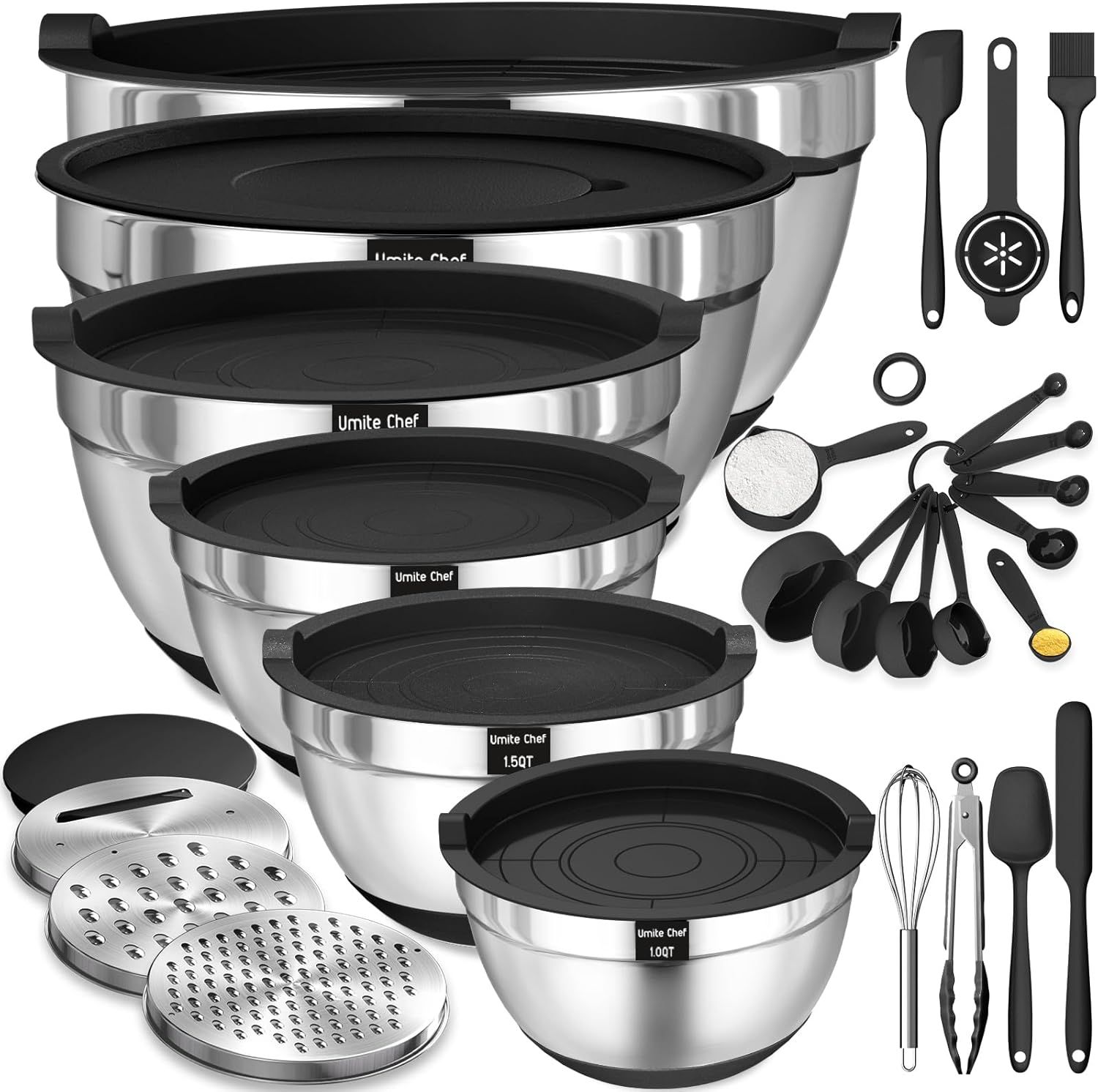 26-Piece Stainless Steel Mixing Bowl Set with Lids and Graters