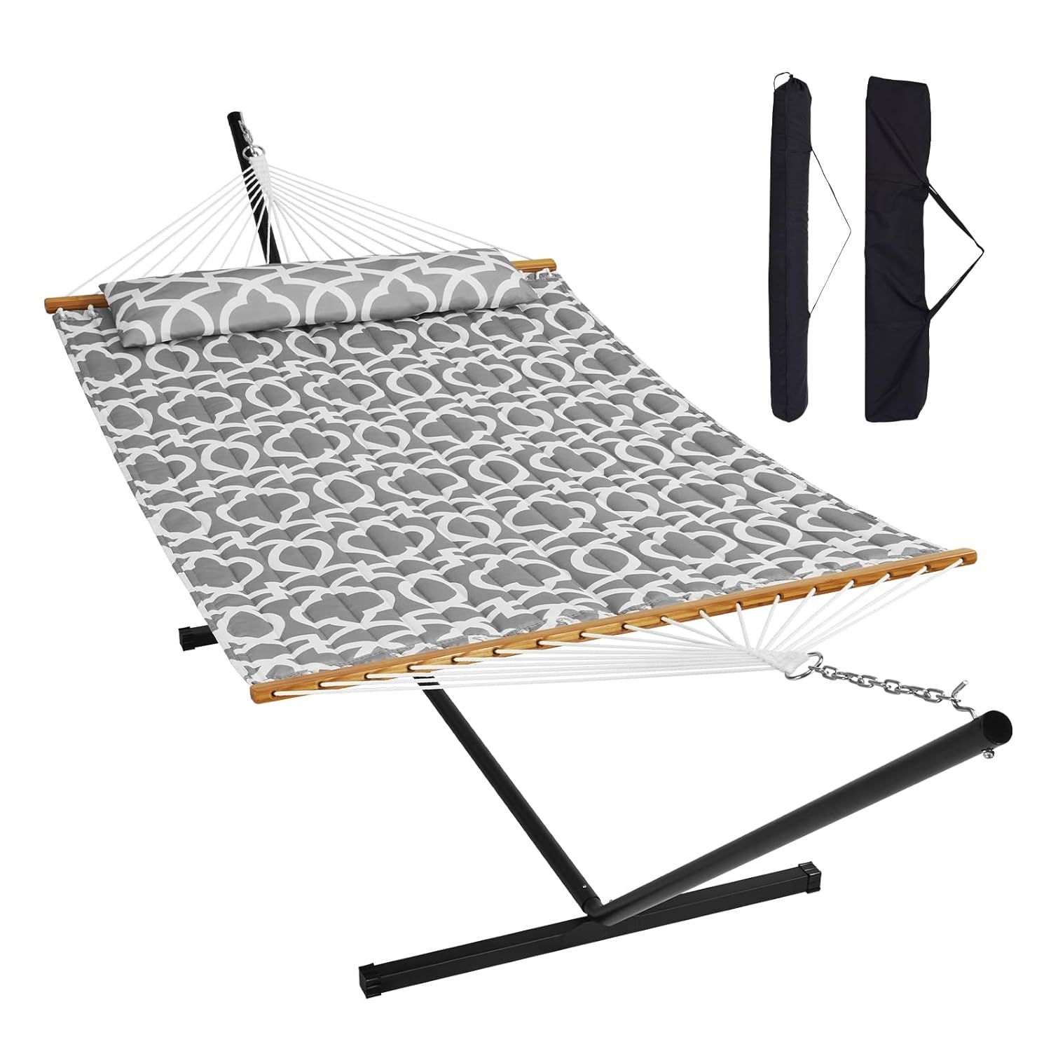 Gray Quilted Fabric Double Hammock with Bamboo Spreader Bars and Steel Stand