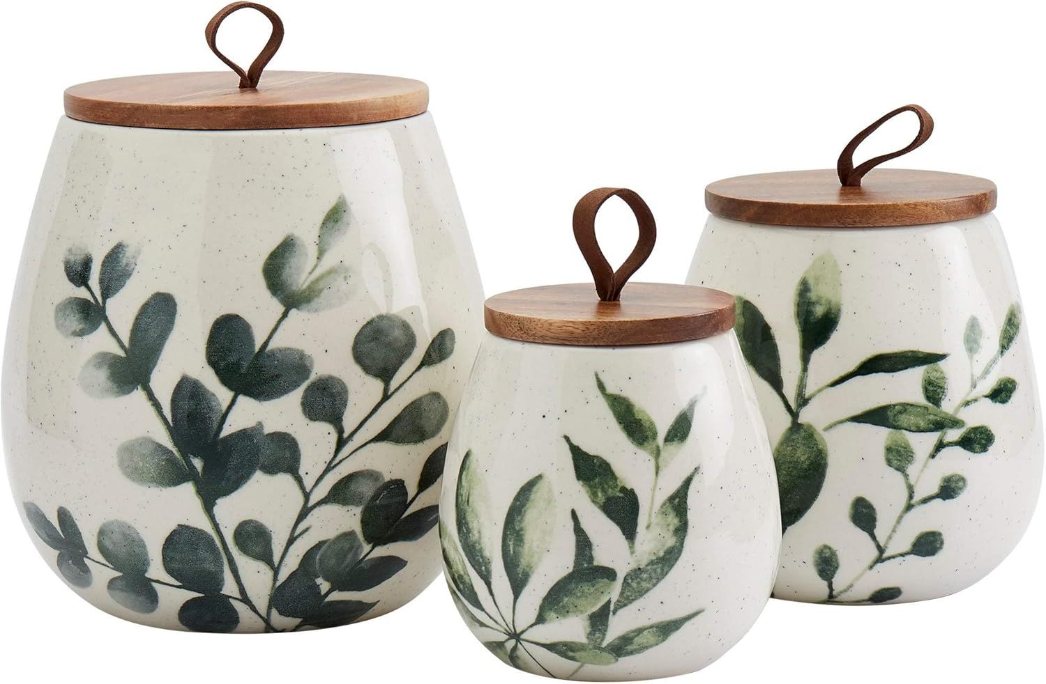 Green Leaf Ceramic Canister Set with Acacia Wood Lids