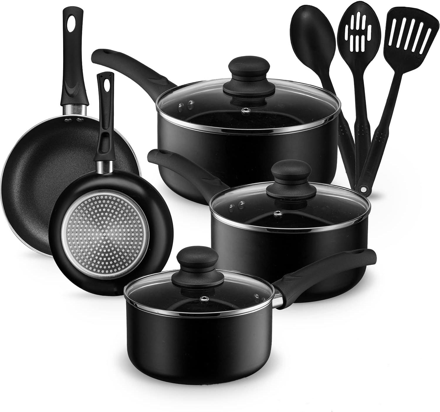 Black Aluminum Nonstick 11-Piece Cookware Set with Utensils