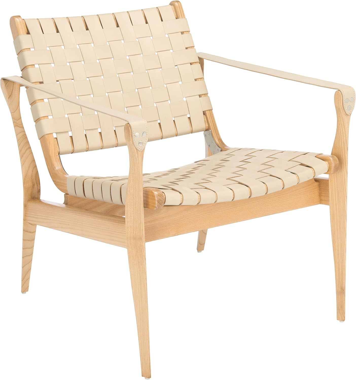 Cherry Mahogany & Woven Leather Safari Accent Chair - White