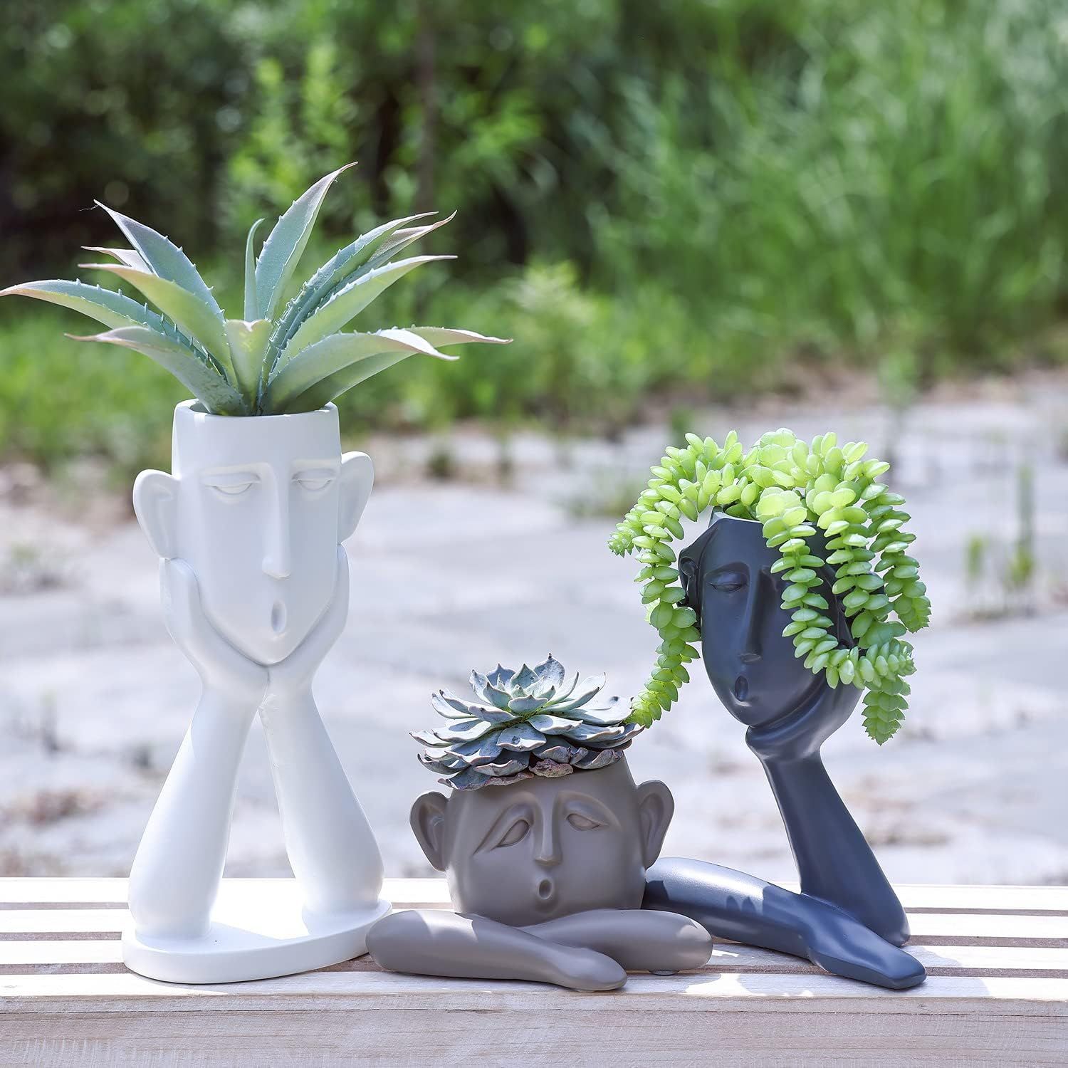 Set of 3 White Khaki Grey Resin Face Planters