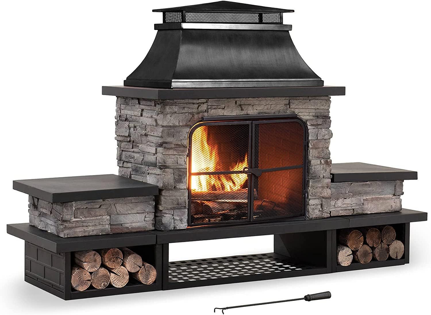 Black Steel and Stone Outdoor Wood Burning Chimenea