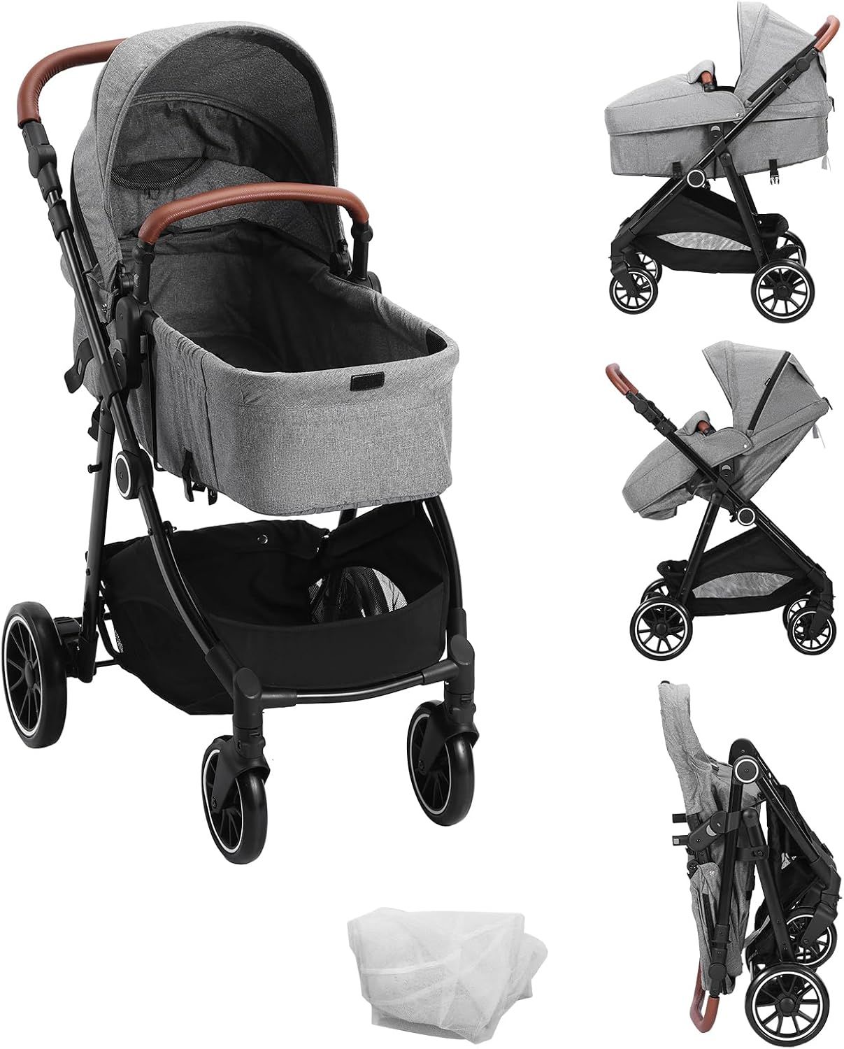 Gray All-Terrain Steel Frame Bassinet Stroller with Adjustable Backrest