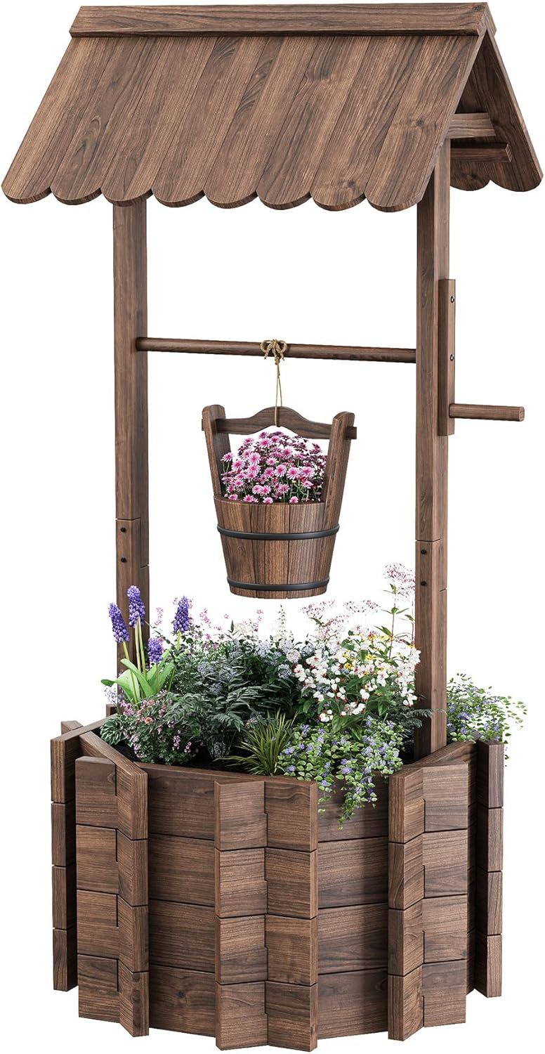 Rustic Brown Fir Wood Hanging Wishing Well Planter