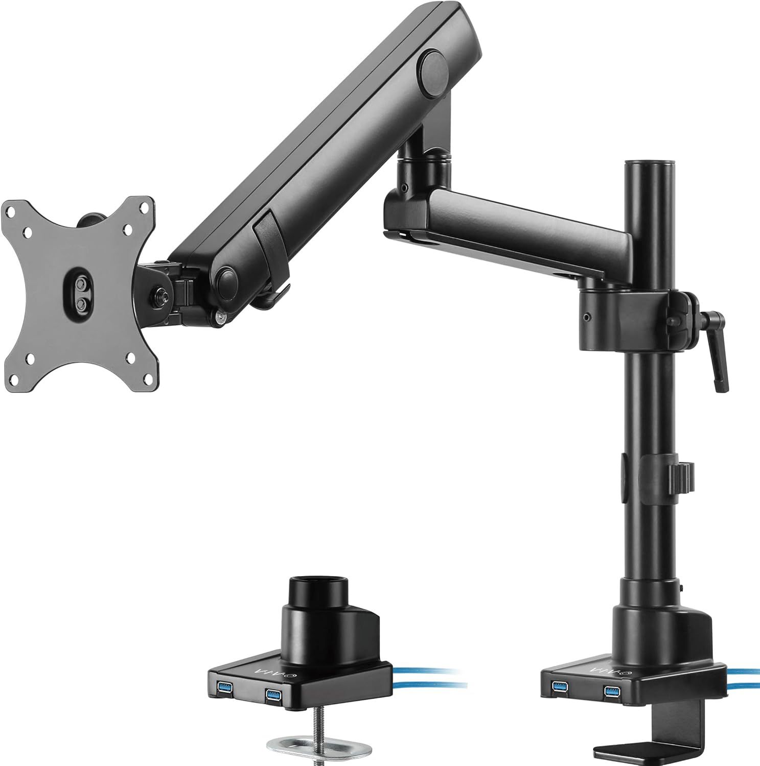 Premium Black Aluminum Full Motion Single Monitor Desk Mount with USB Ports