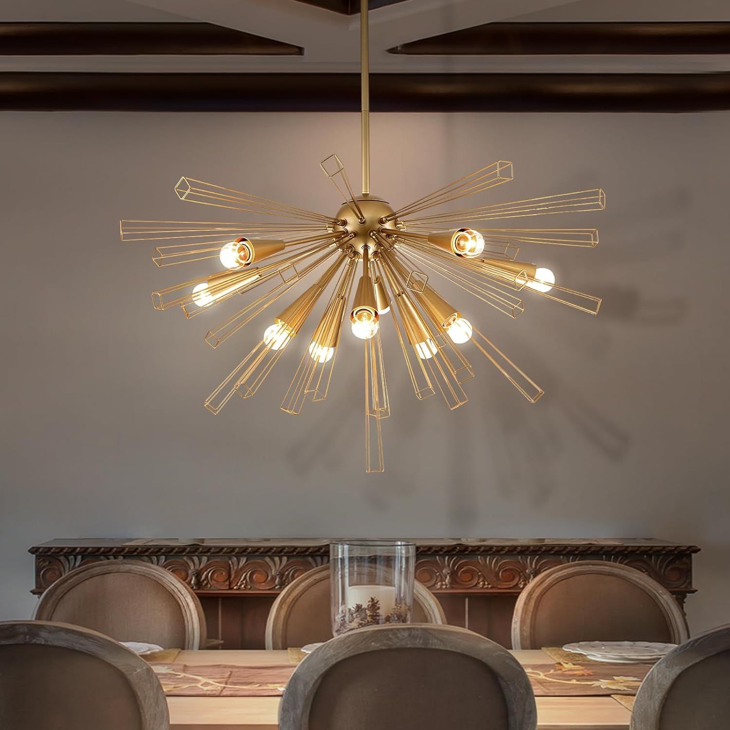 Brass 10-Light Sputnik Chandelier with Linear Design