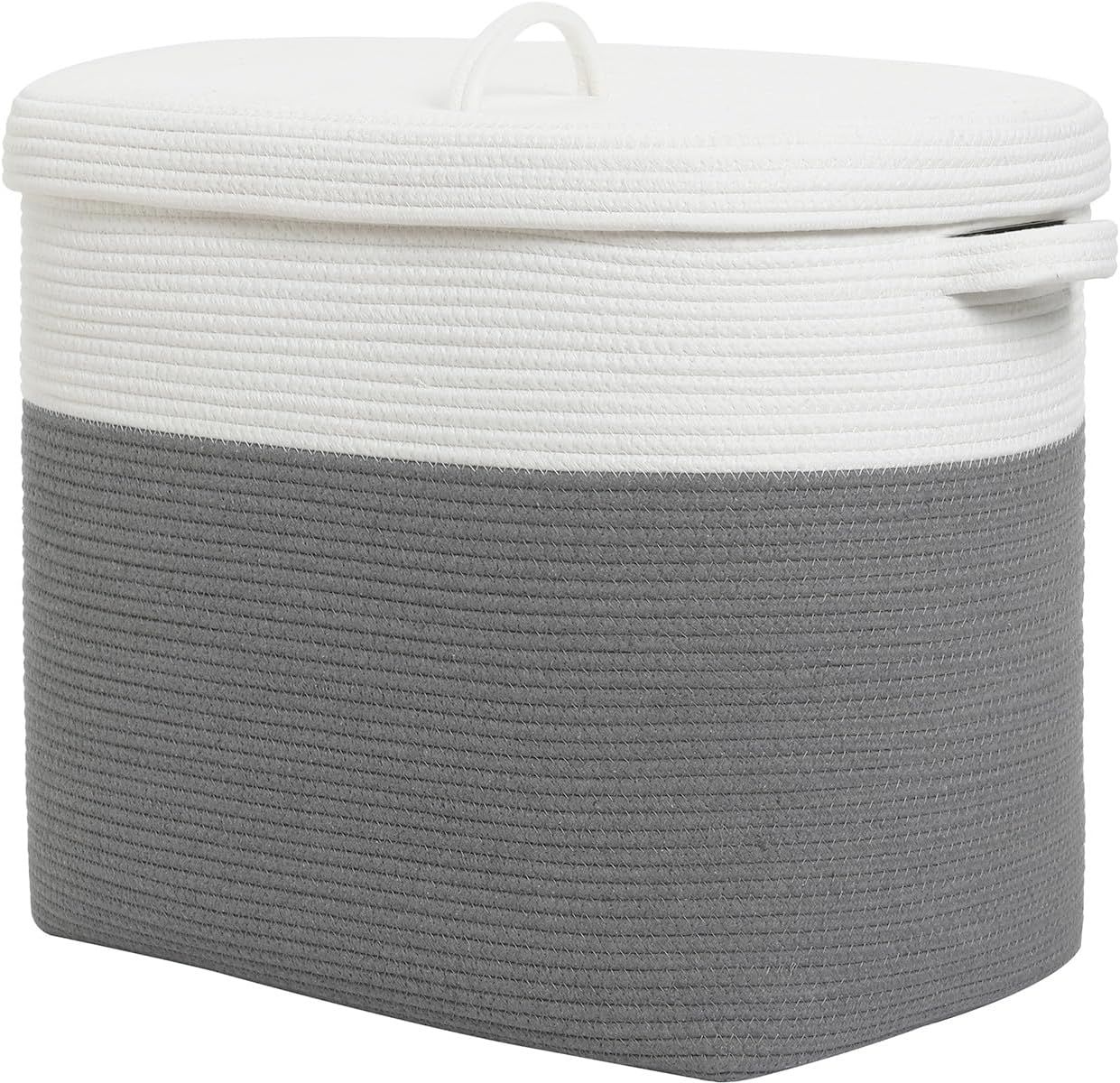 Gray and White Cotton Rope Kids Hamper with Lid