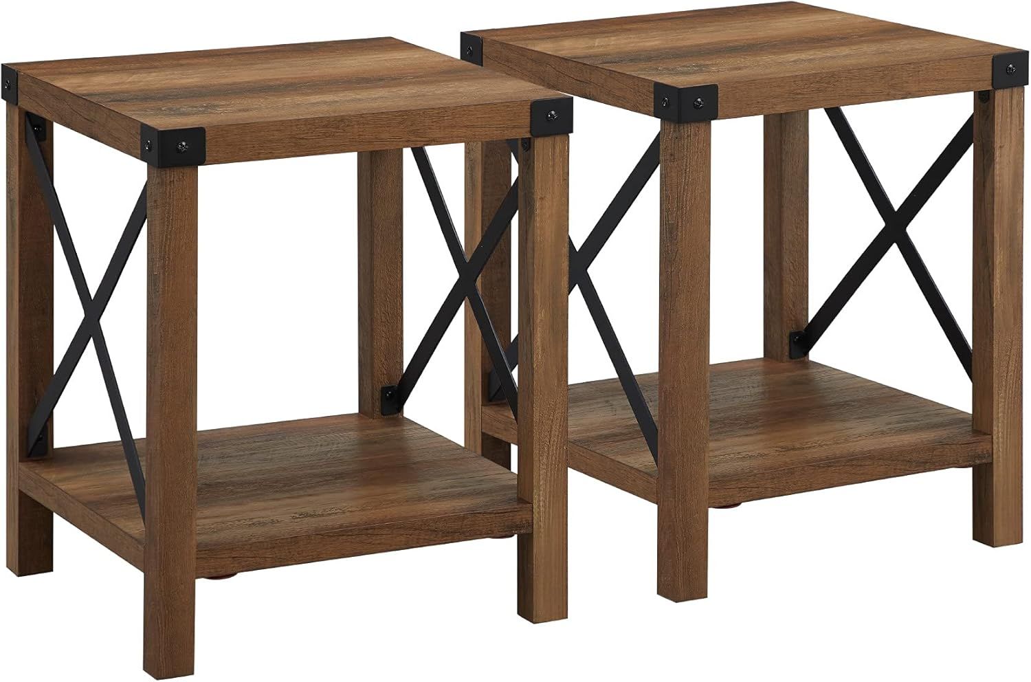 White Oak and Metal Farmhouse End Table with Lower Shelf