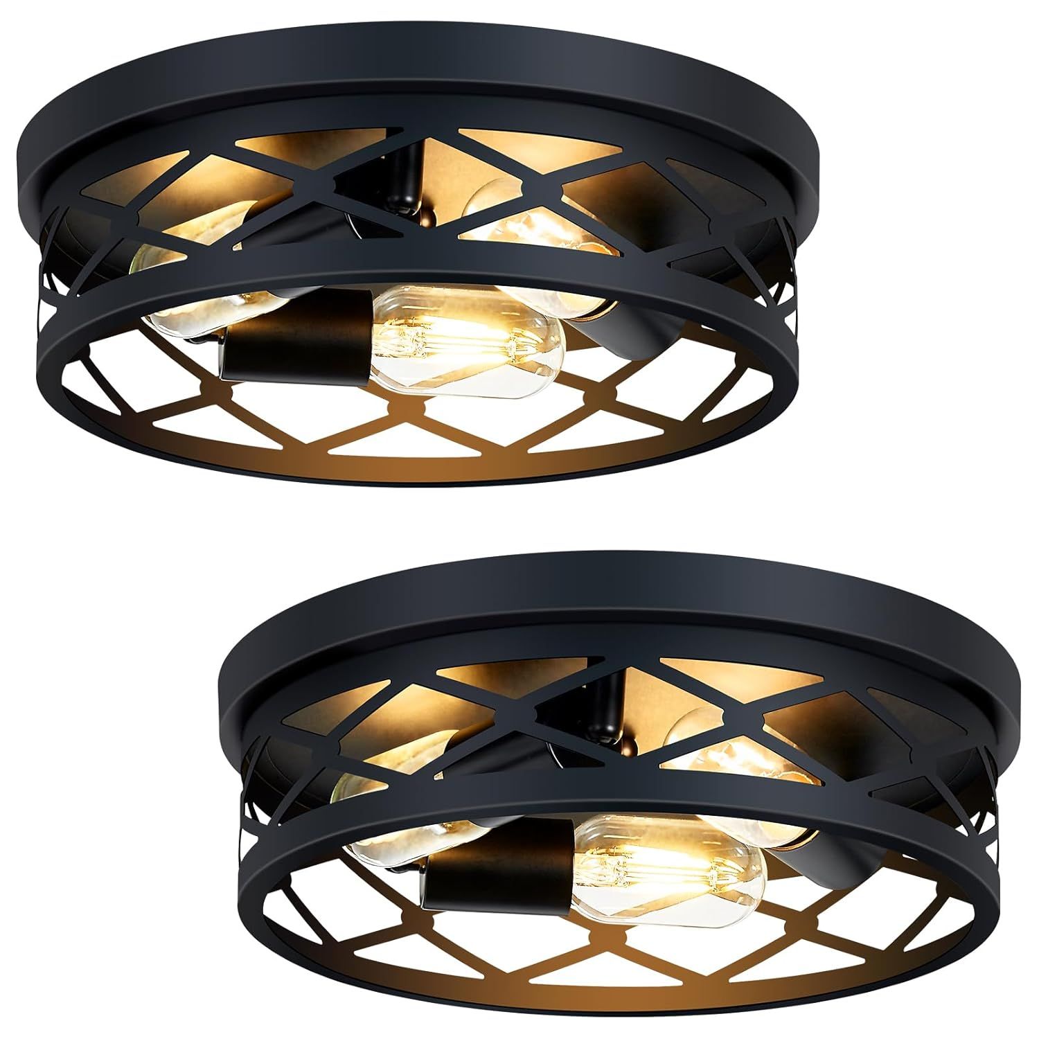 Black Metal Farmhouse Flush Mount Ceiling Light, 2-Pack