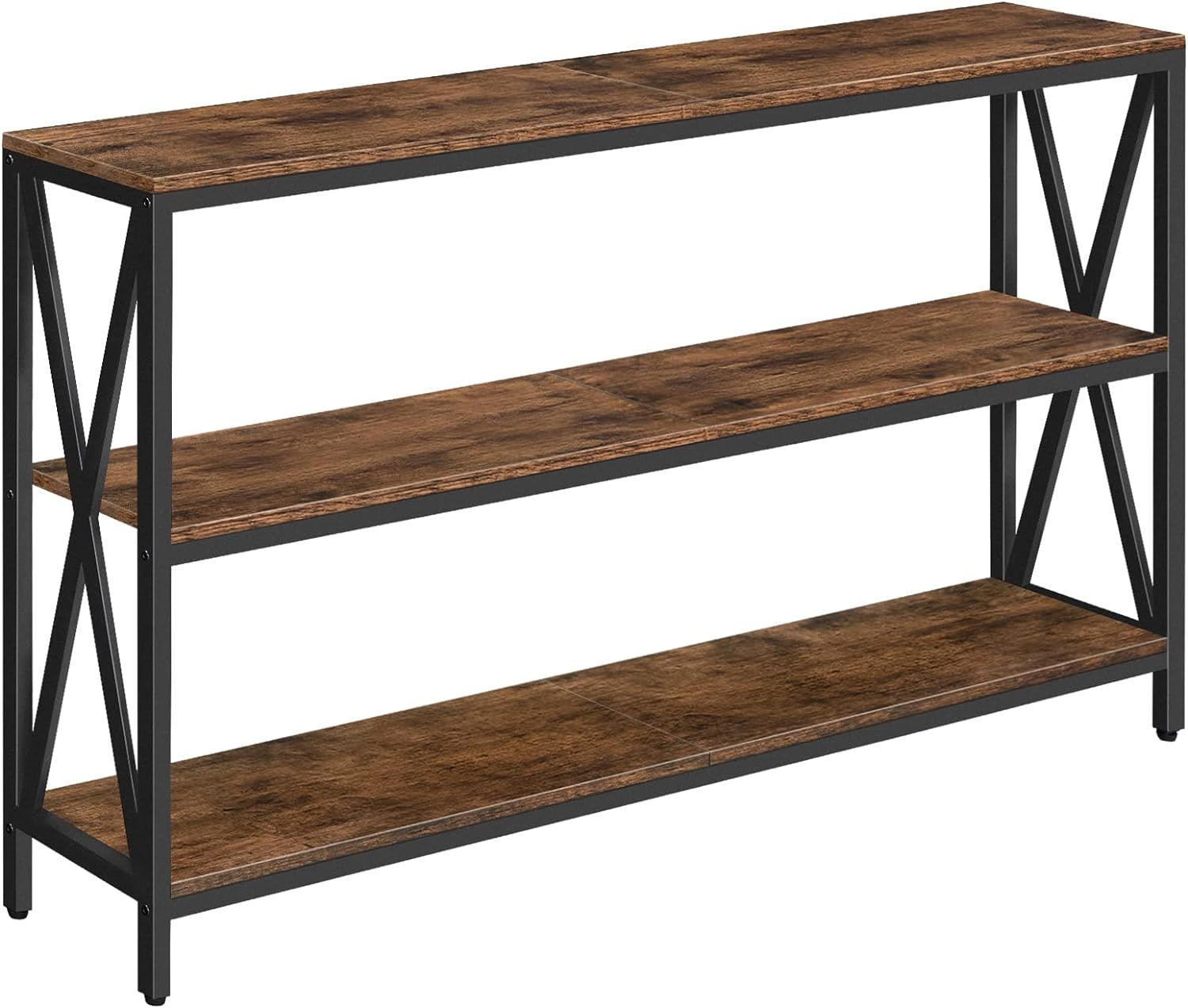 55" Rustic Brown Industrial Console Table with Metal Frame and Storage Shelves