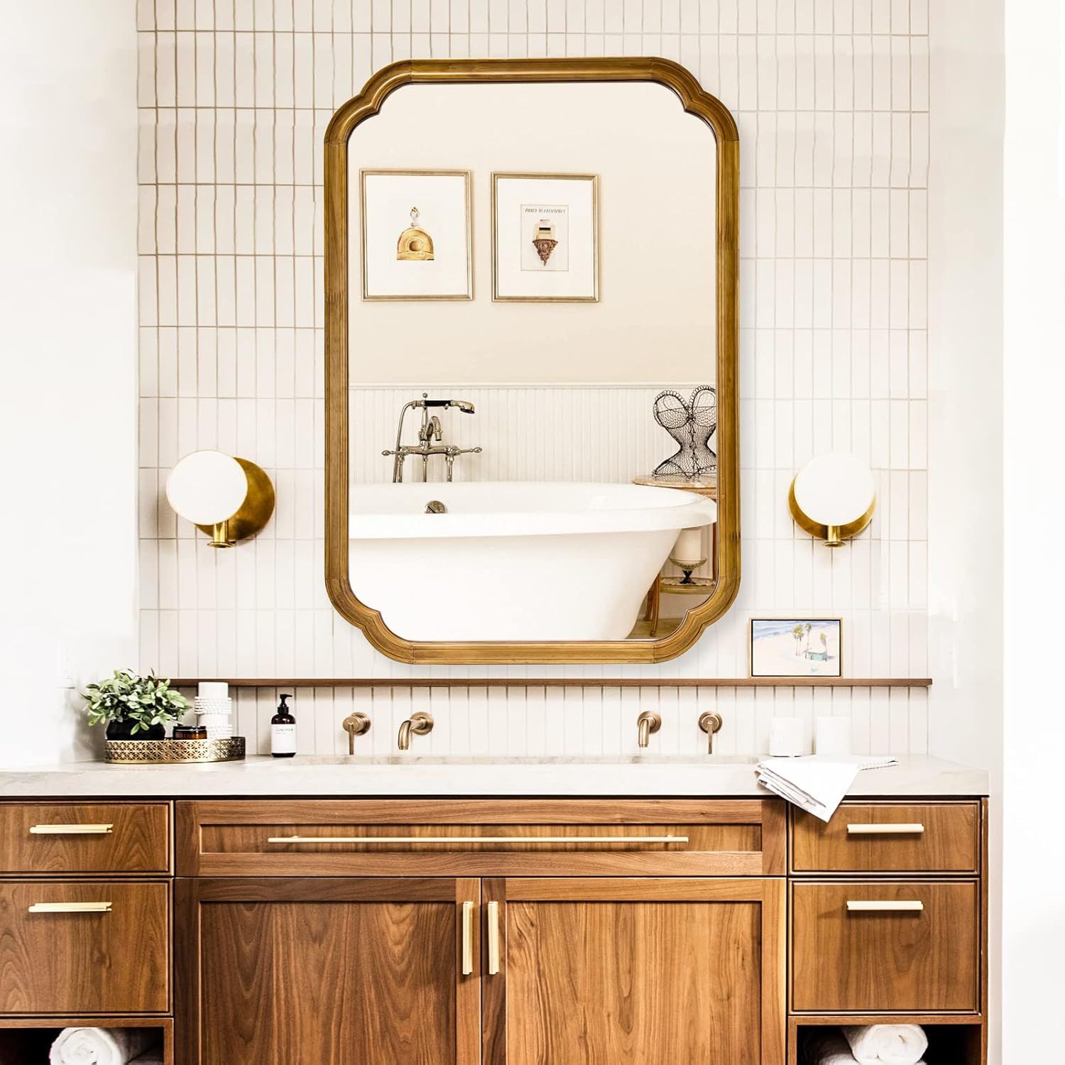 Light Brown Rectangular Wood Bathroom Vanity Mirror