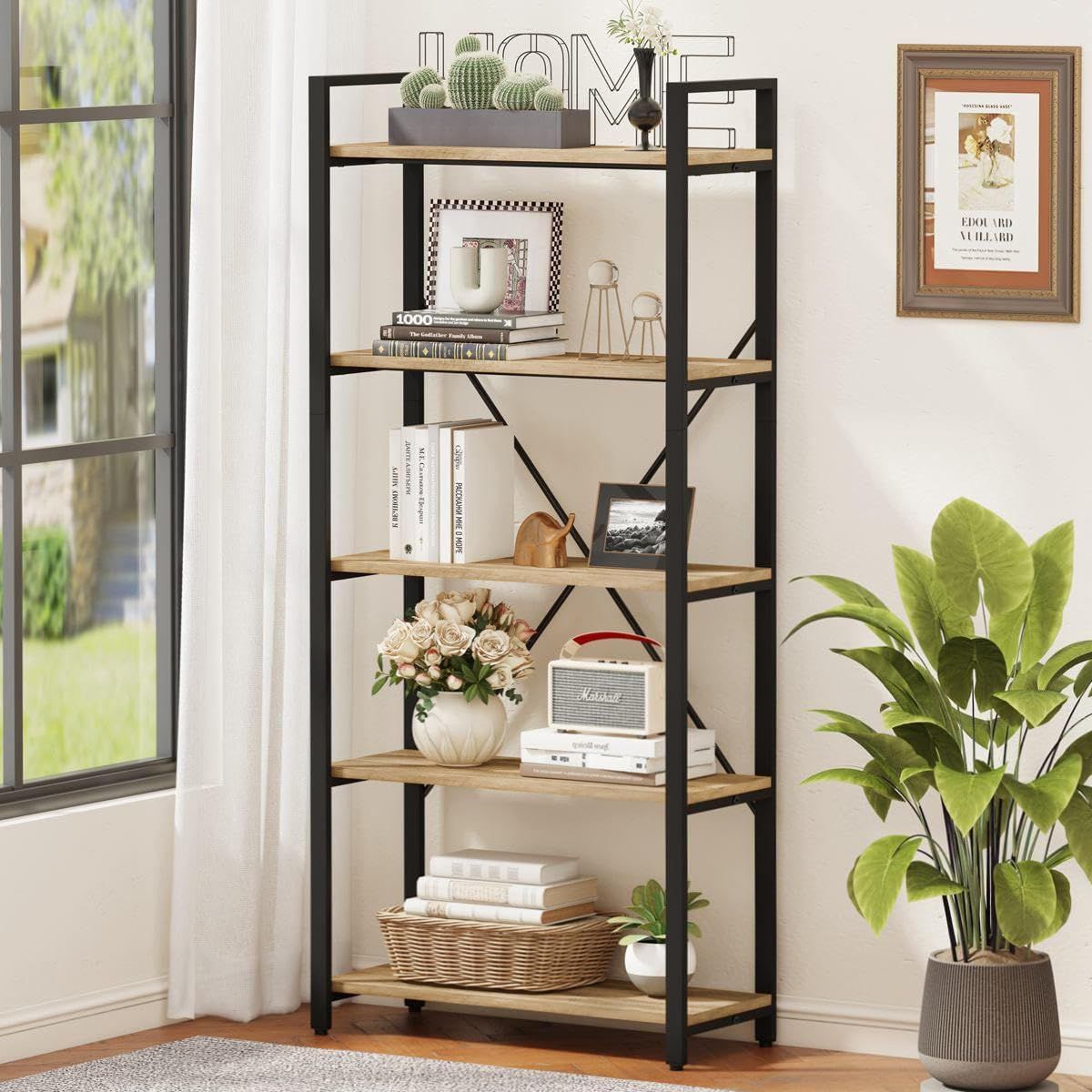 Rustic Oak and Black Metal 5-Tier Industrial Bookshelf