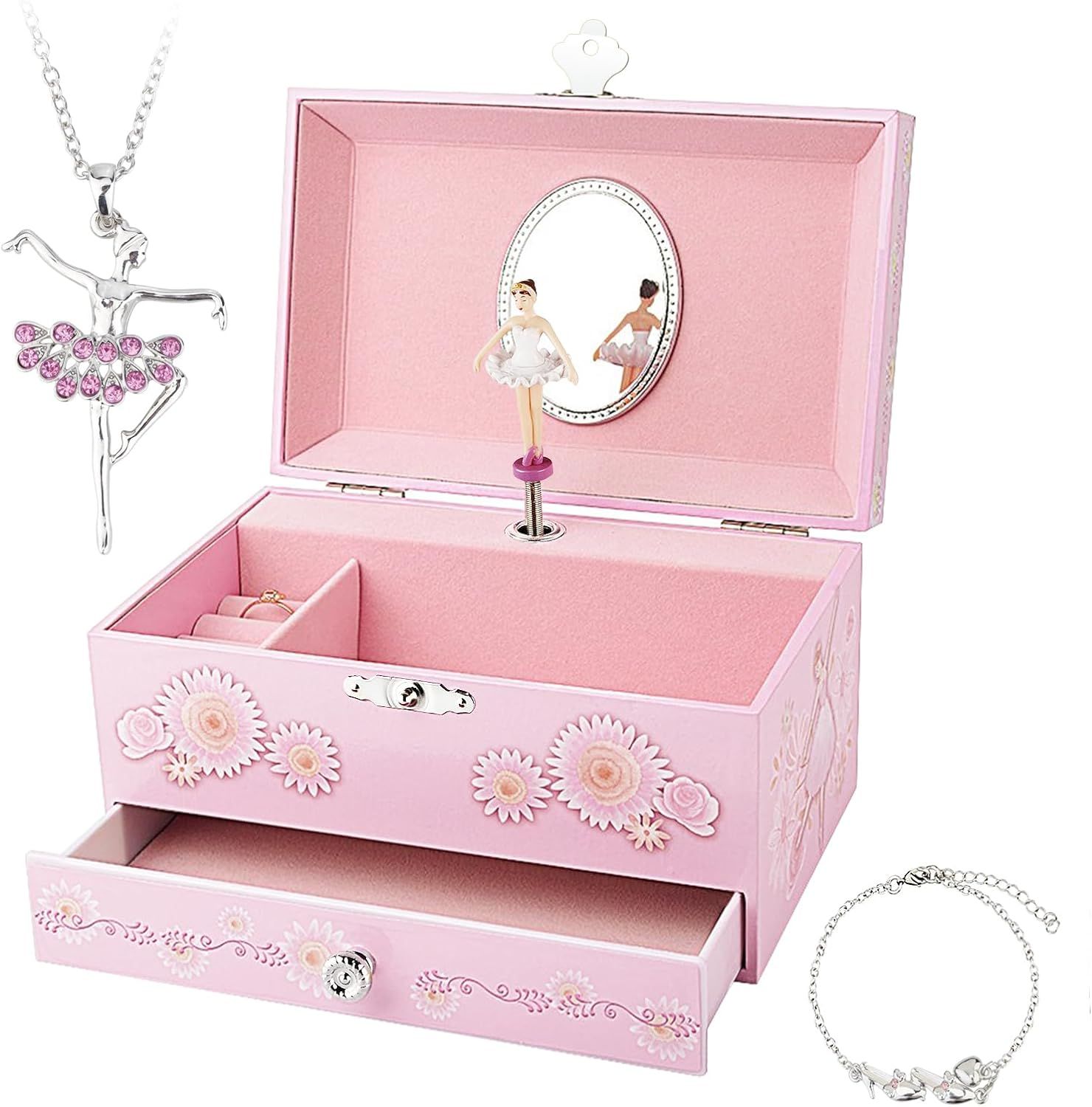 Pink Ballerina Musical Jewelry Box with Necklace and Bracelet