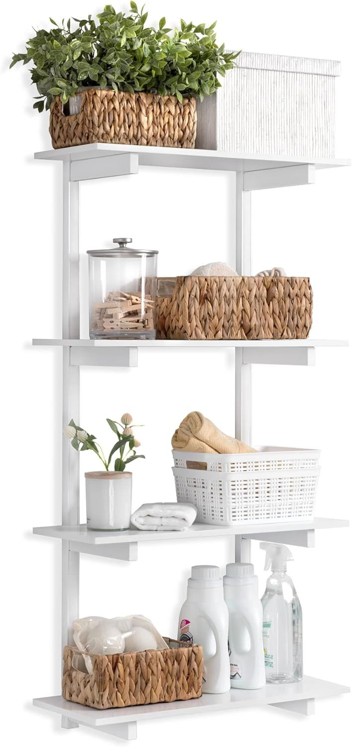 White 4-Tier Floating Wall Shelves with Light Oak Finish