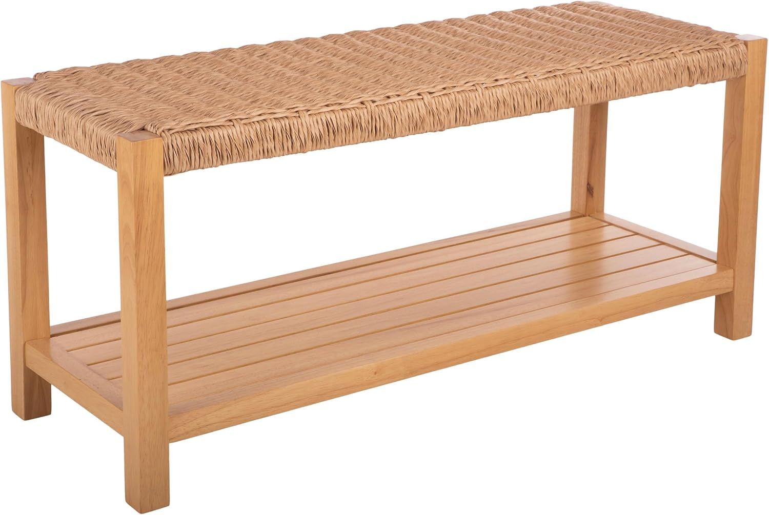 Newport 40-Inch Natural Wood Bench with Woven Rope Seat and Storage Shelf