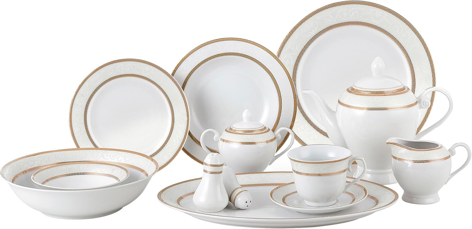 Amelia White and Gold 57-Piece Porcelain Dinnerware Set