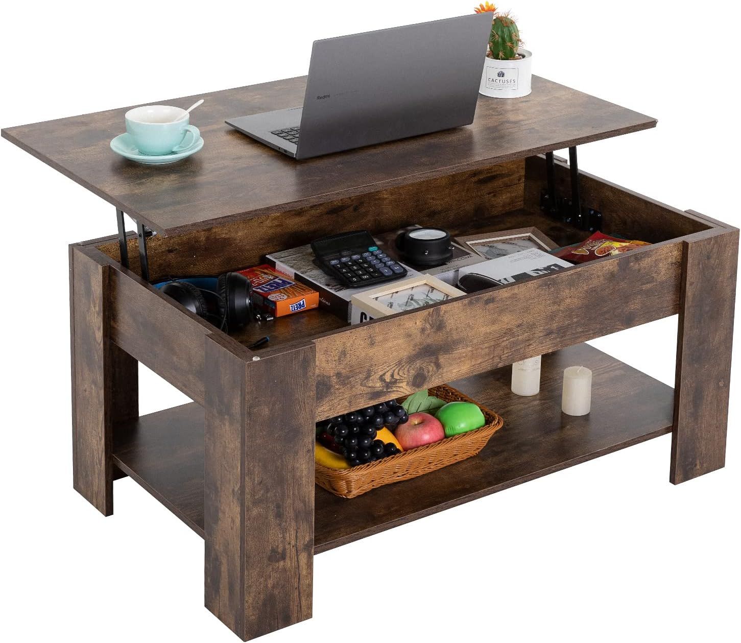 Brown Lift-Top Coffee Table with Storage Shelf