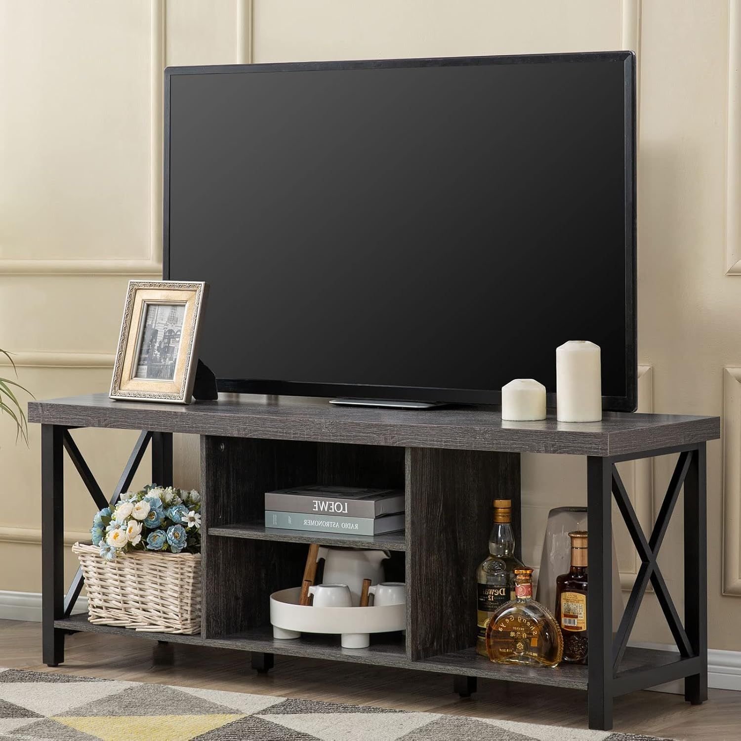 Gray MDF and Metal 50'' TV Stand with Open Shelving