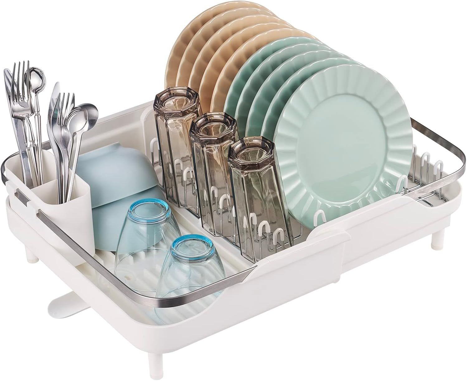 Expandable White and Stainless Steel Dish Drying Rack with Utensil Cup