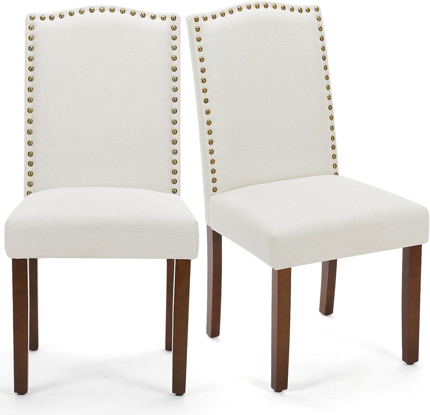 Beige Linen Upholstered Side Chairs with Wood Legs, Set of 2