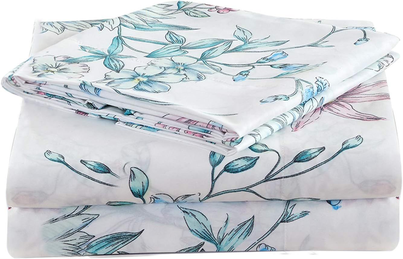 White and Blue Floral Queen Microfiber Sheet Set with Deep Pockets