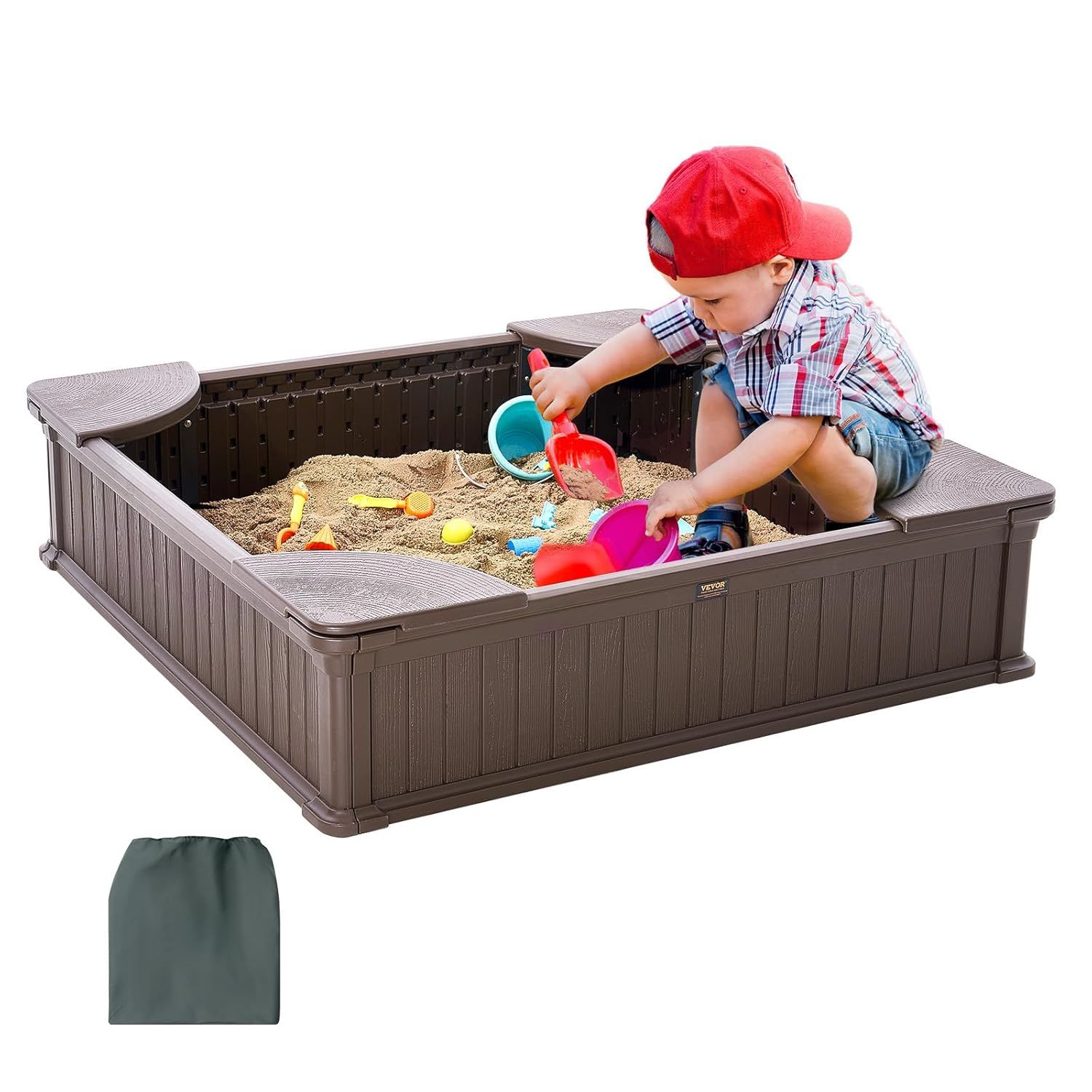 Wooden Sandbox with Adjustable Canopy and Bench Seats