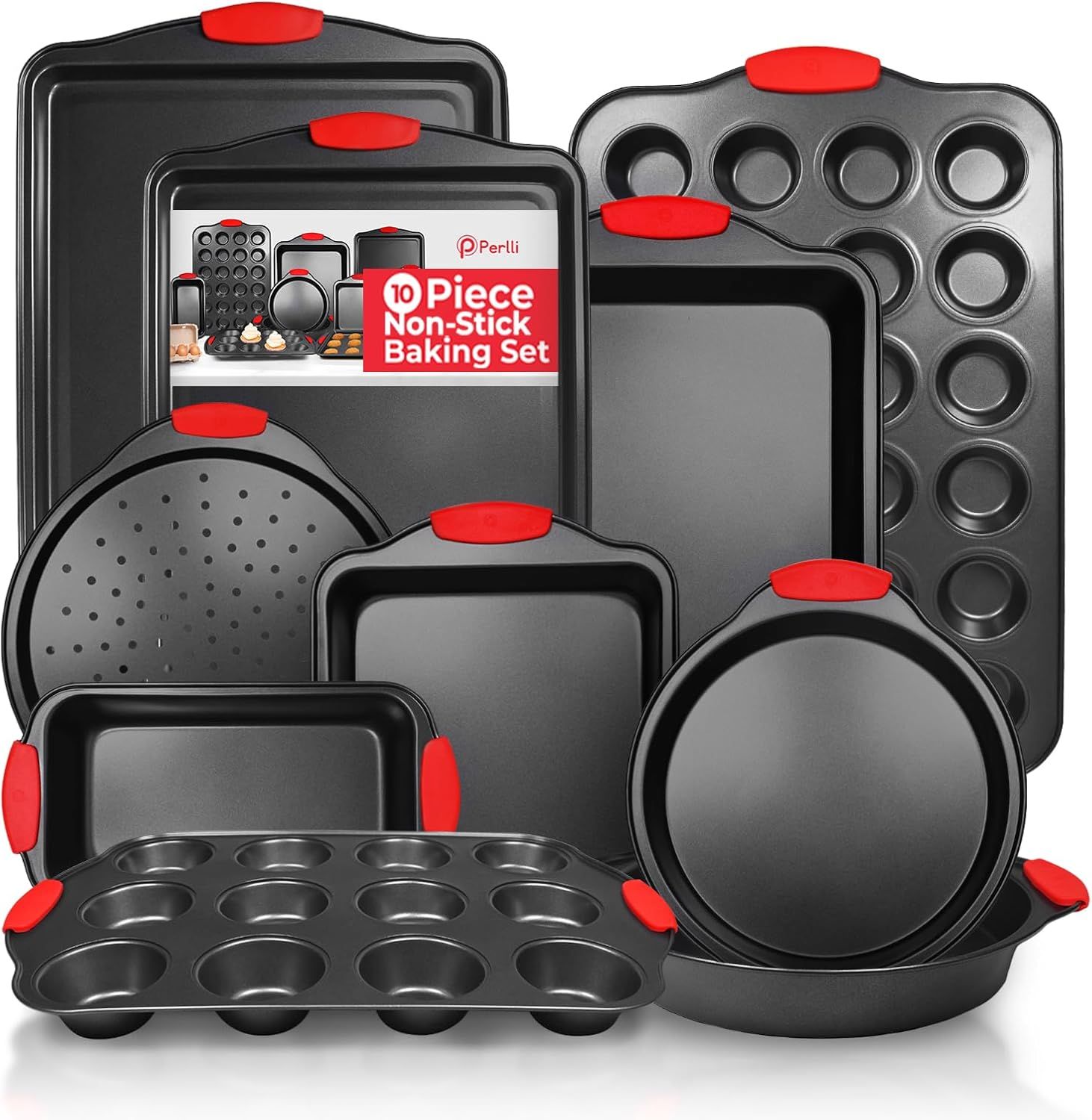 Perlli 10-Piece Nonstick Carbon Steel Bakeware Set with Red Silicone Handles