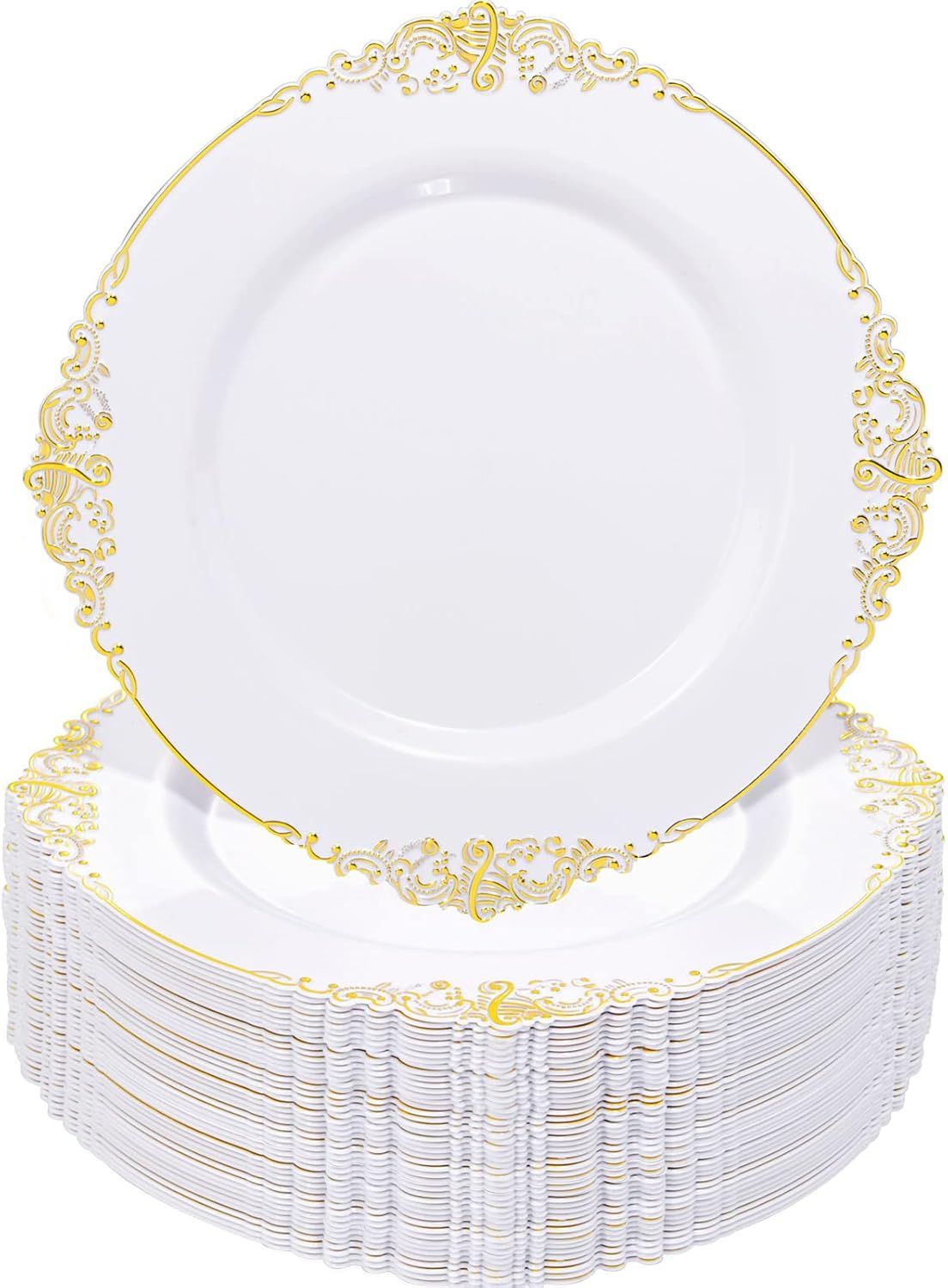 Elegant White and Gold 10.25" Plastic Dinner Plates Set