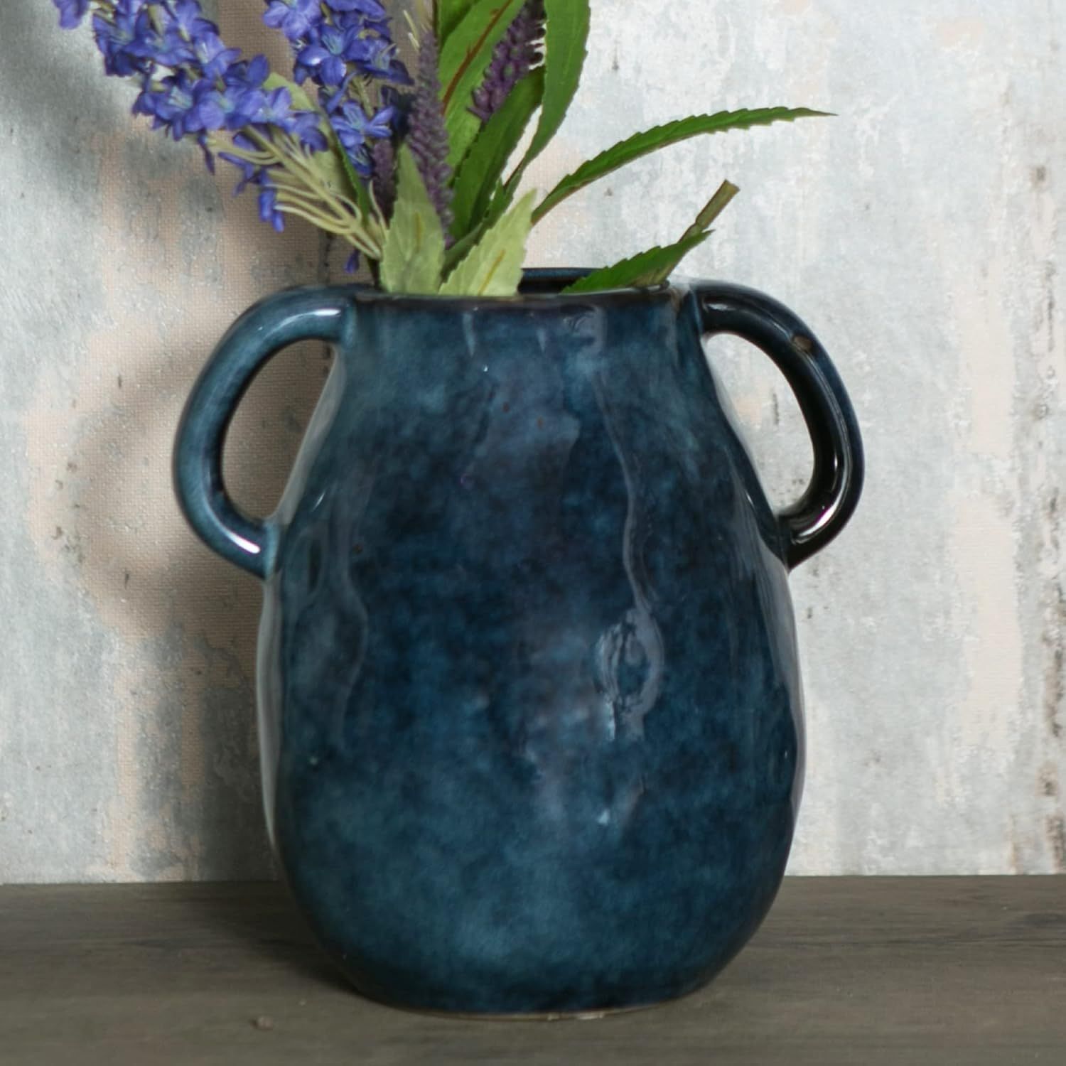 Blue Ceramic Round Vase with Handles for Table Decor