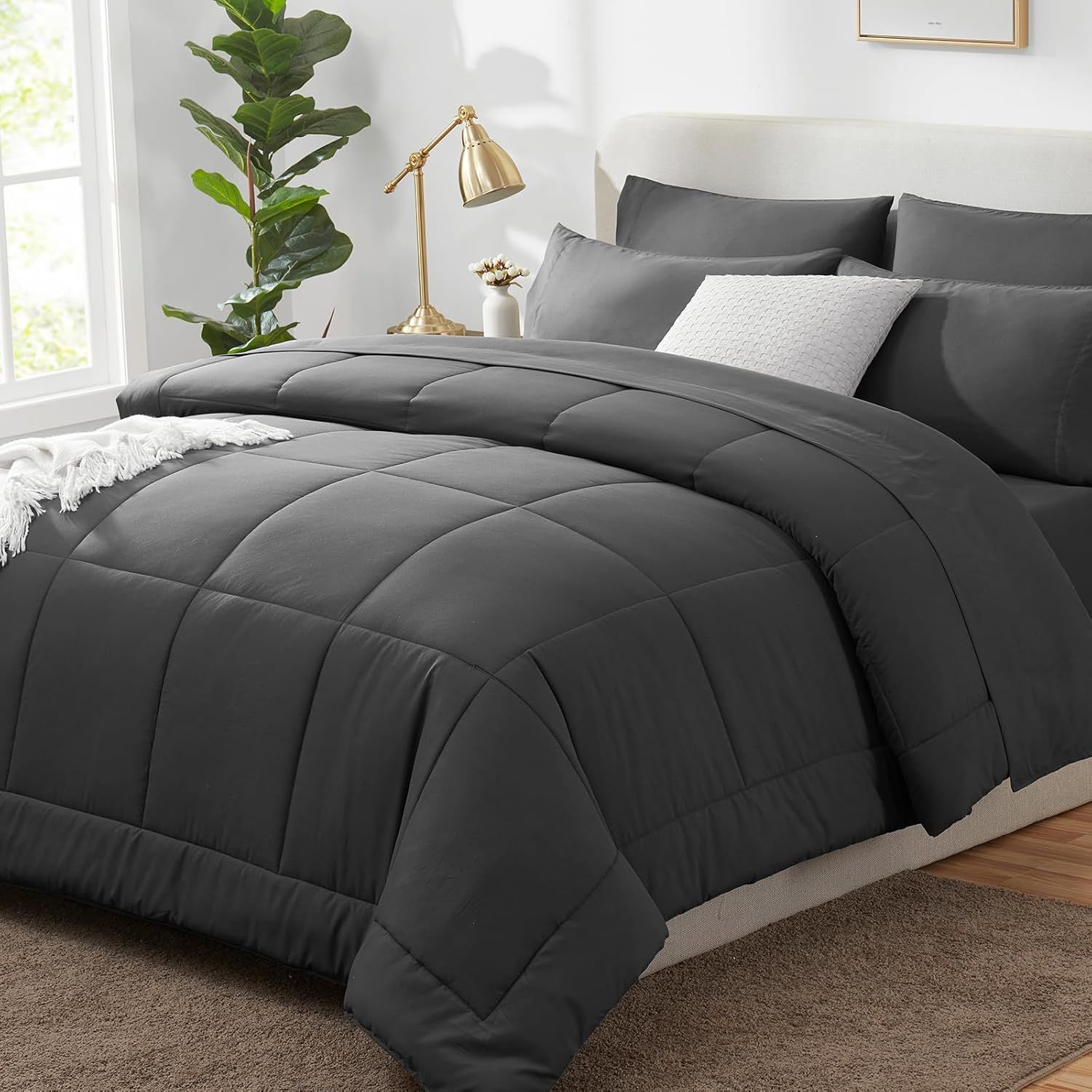 King Dark Grey Microfiber Down Alternative Bed in a Bag Set