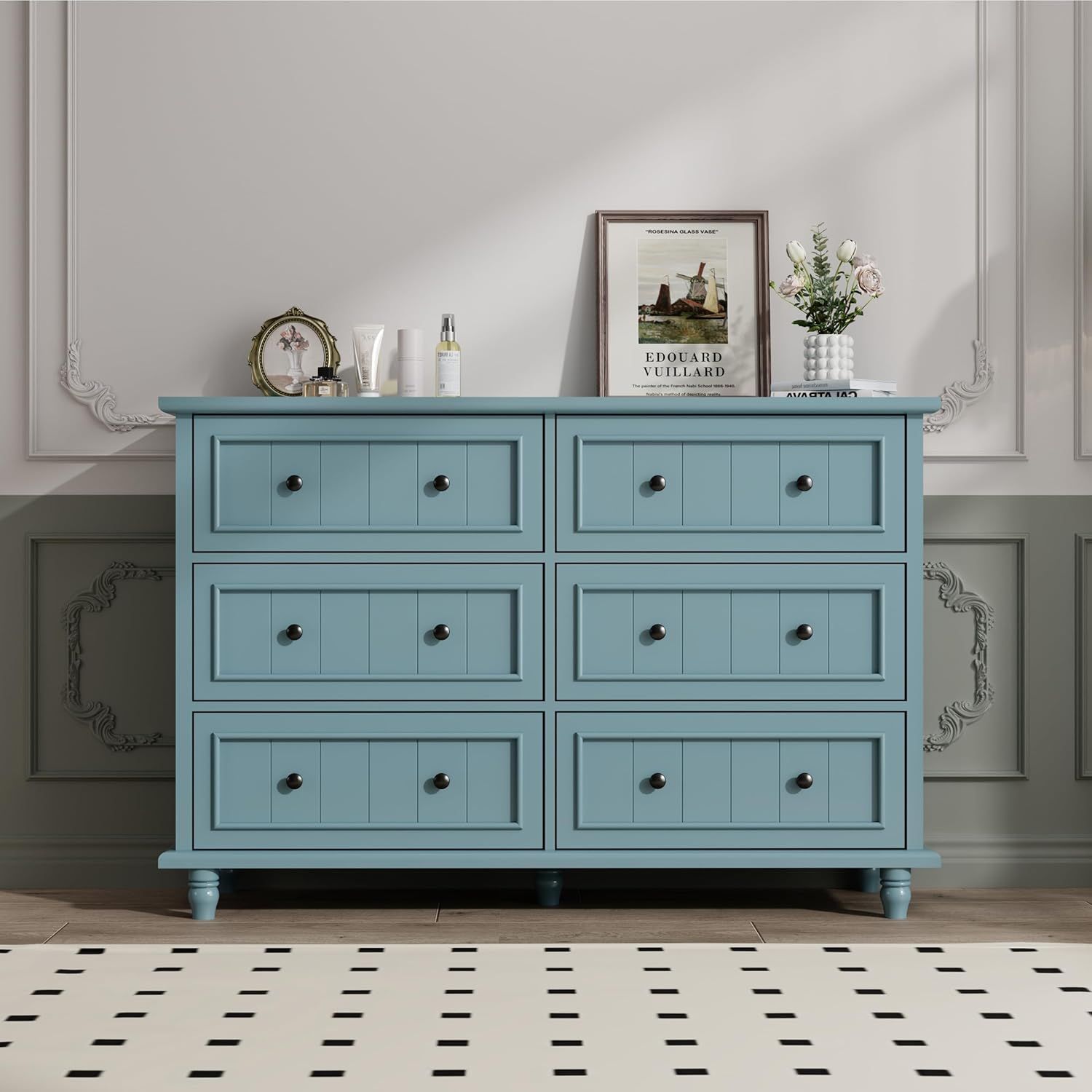 Blue MDF 6-Drawer Wide Storage Chest with Wooden Legs