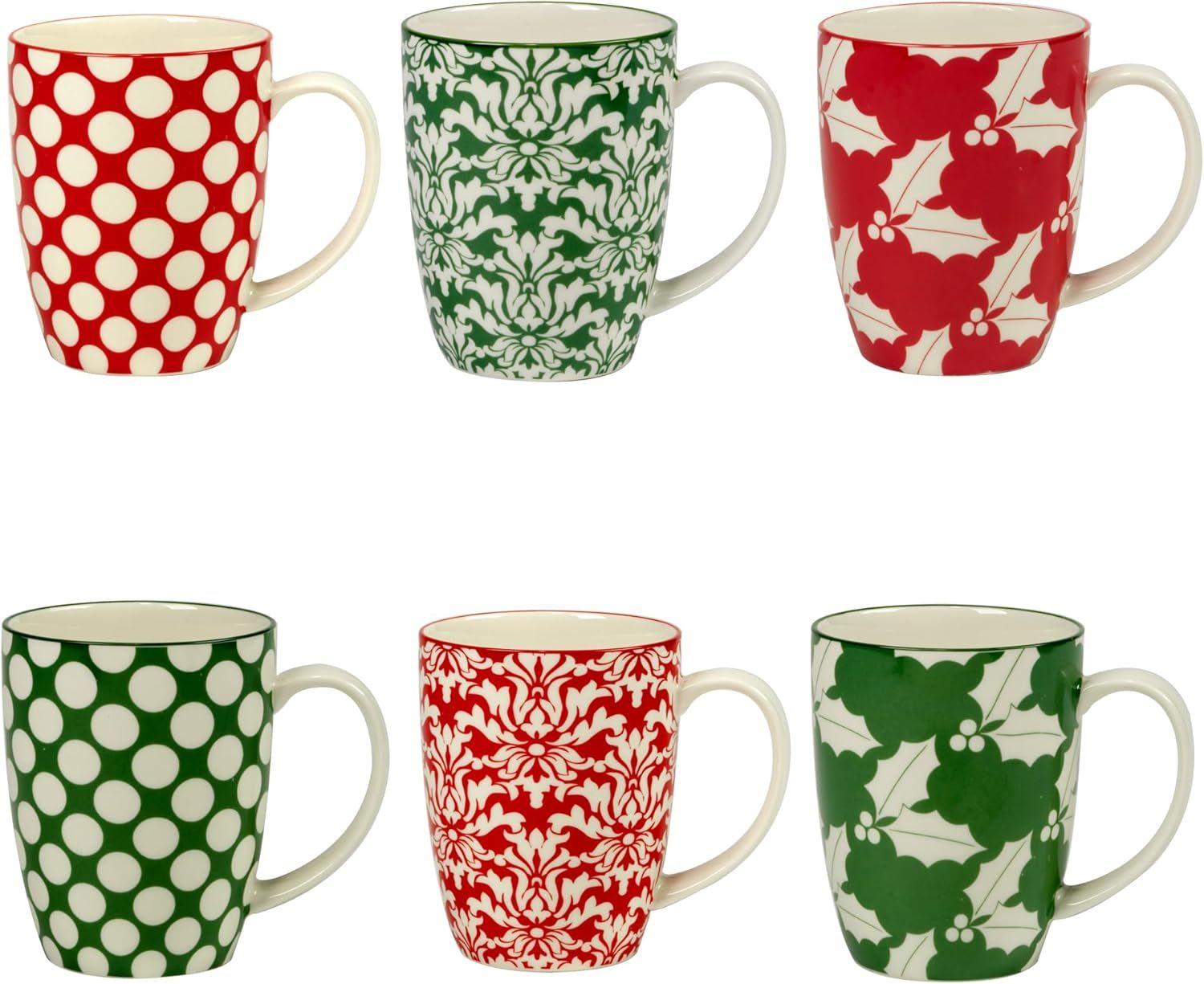 Holiday Red and Green Ceramic 14 oz Beverage Mugs, Set of 6