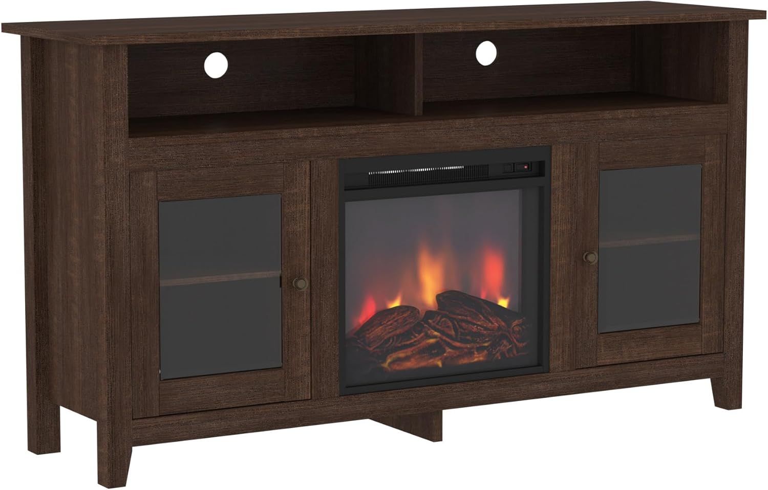 Espresso 58" Highboy Media Stand with Electric Fireplace and Cabinet