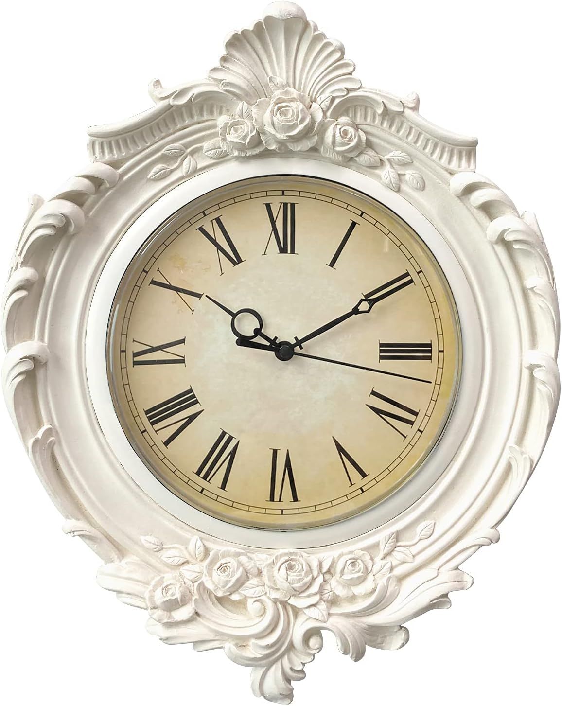 Distressed White Resin Vintage Roman Numeral Wall Clock