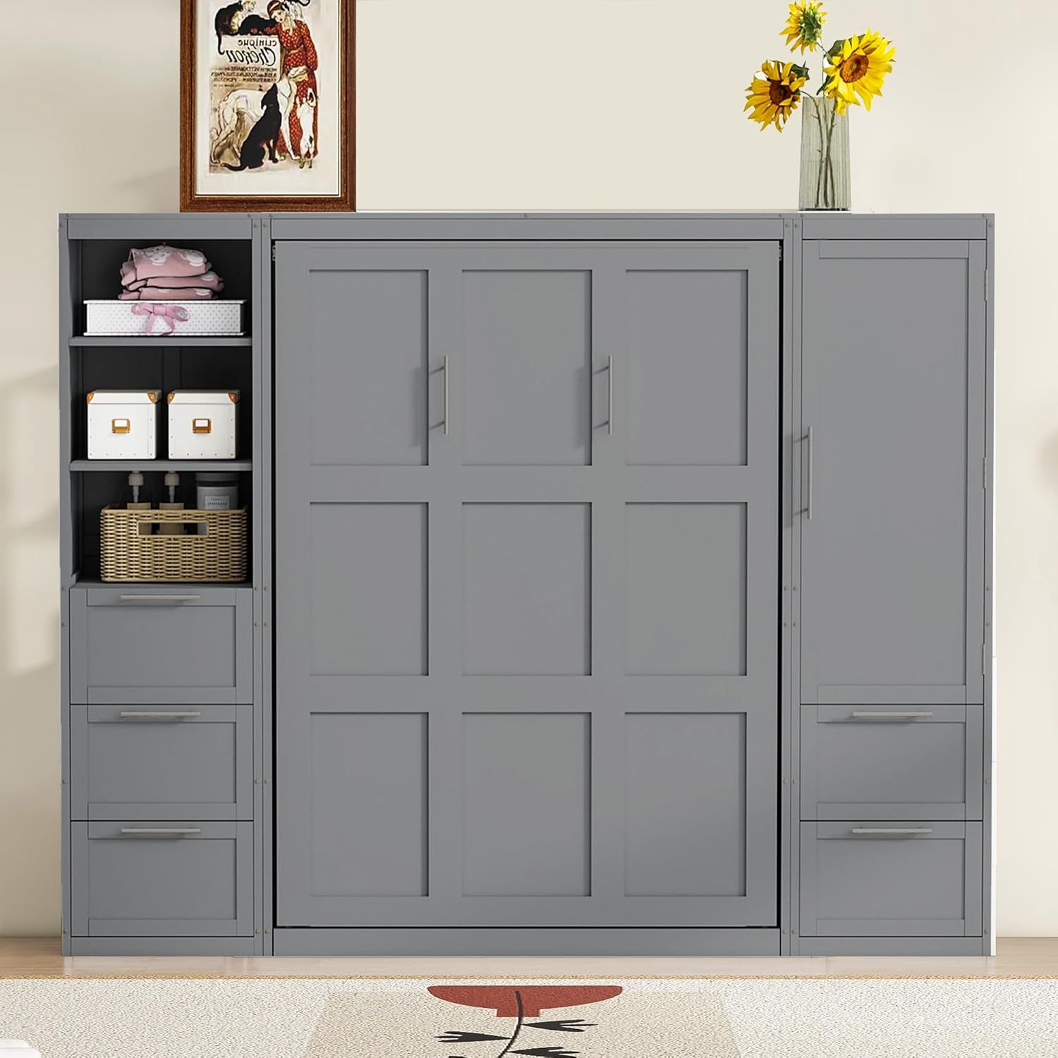 Gray Queen Size Murphy Bed with Drawers and Shelves