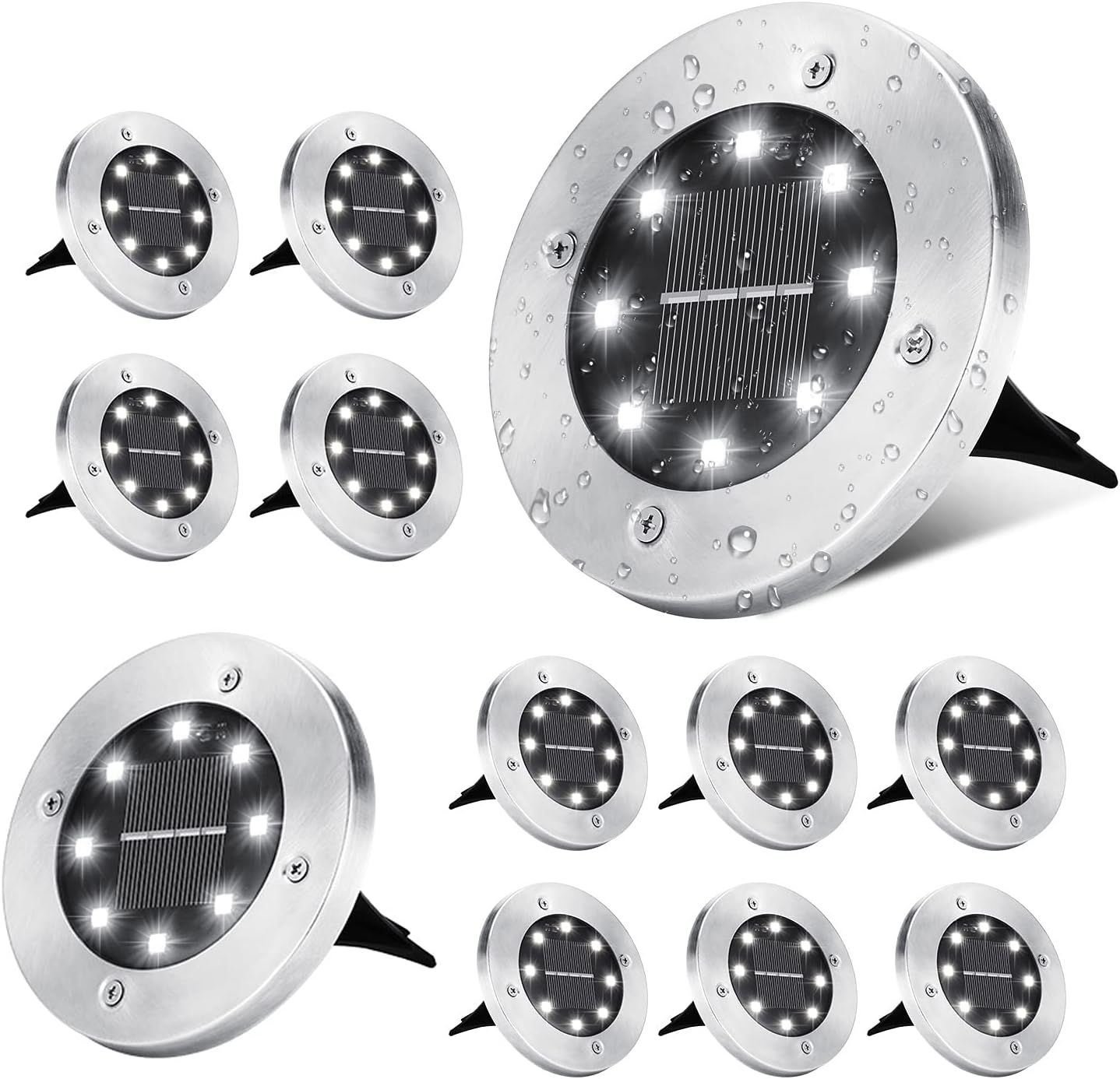 Cool White Stainless Steel LED Solar Pathway Lights, 12 Pack