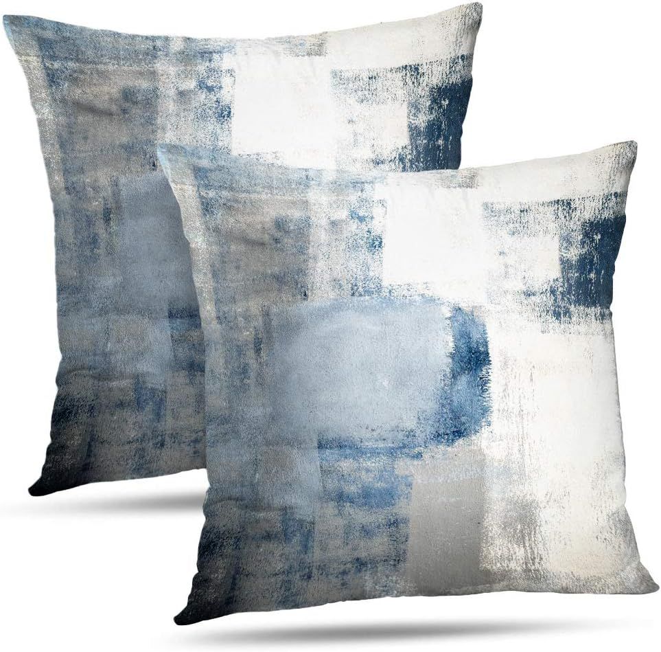 Blue and Grey Cotton Polyester Farmhouse Throw Pillow Covers 24x24, 2 Pack